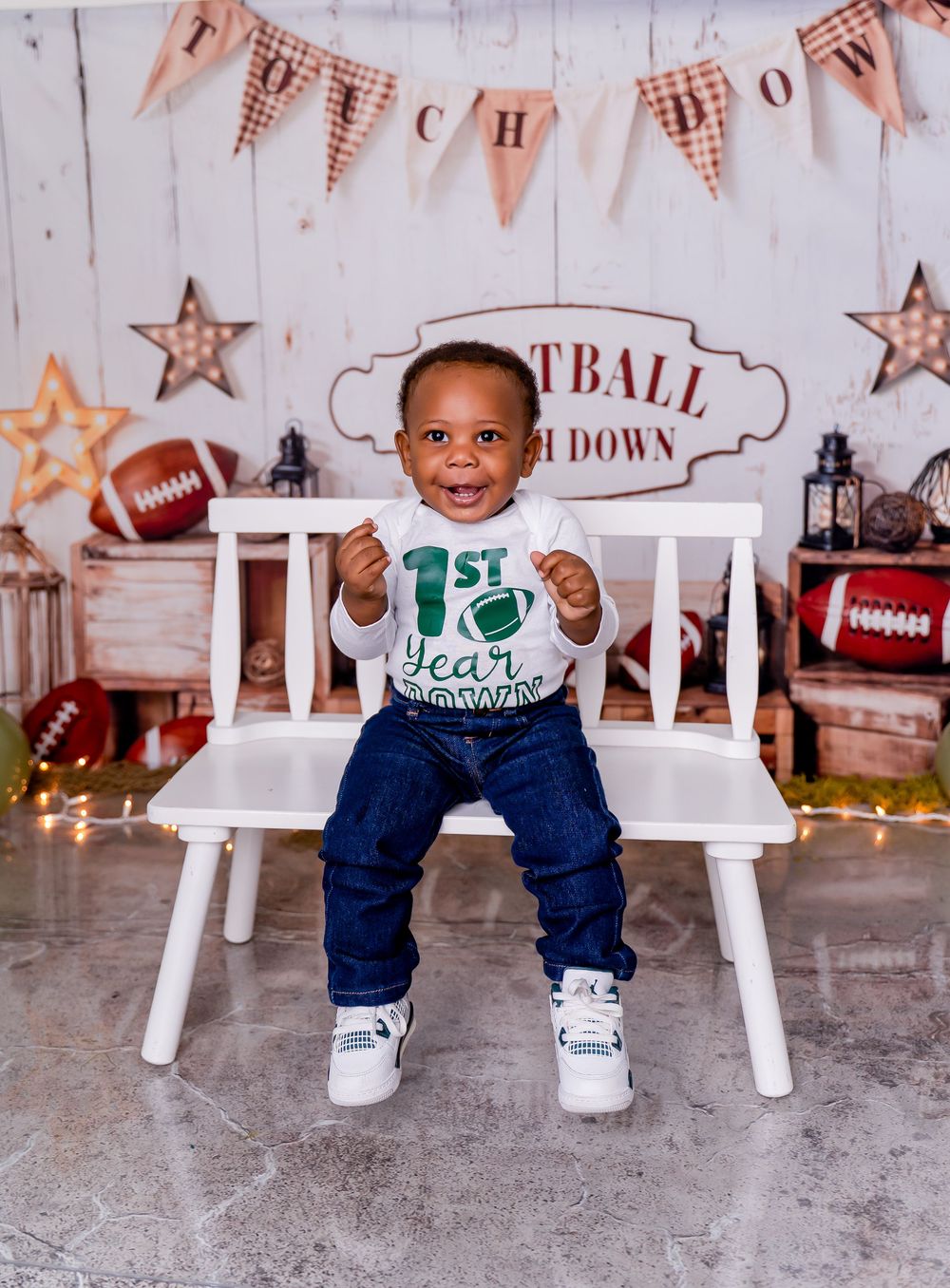 Collage of four photos showing a baby in football-themed first birthday photo session with white chairs and party decorations.