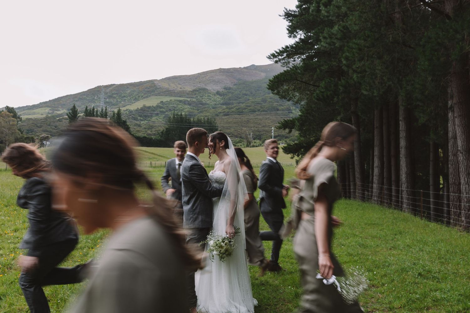 Wedding party walks through a scenic green field bordered by tall pine trees in a mountain setting.