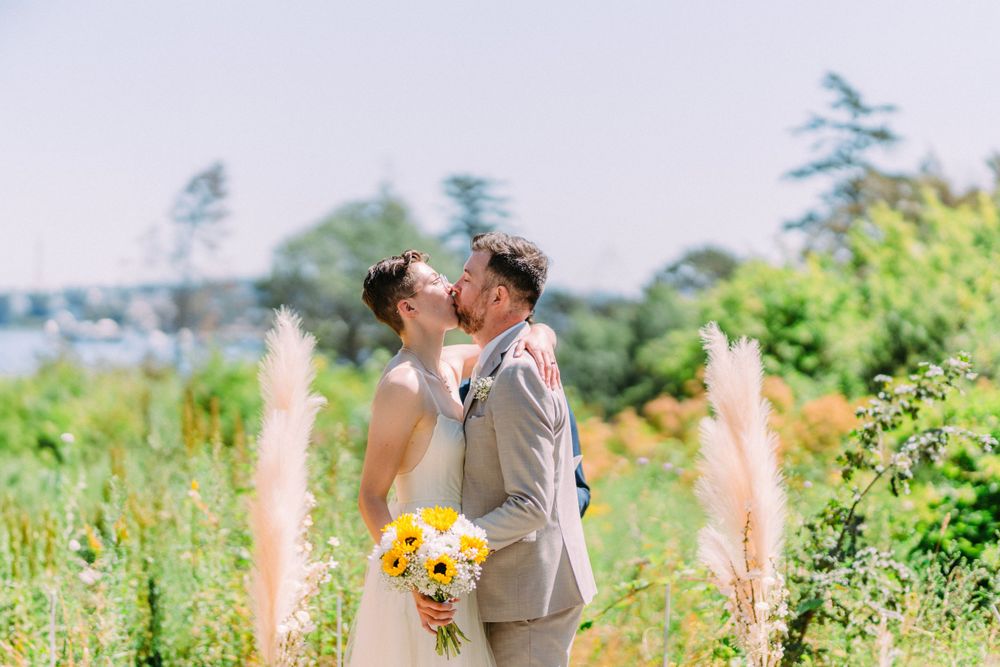 A couple shares a romantic kiss in a sunny garden setting with yellow flowers and pine trees.