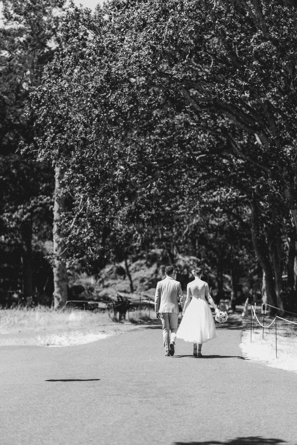 Black and white photograph of a couple walking down a tree-lined path after their wedding.