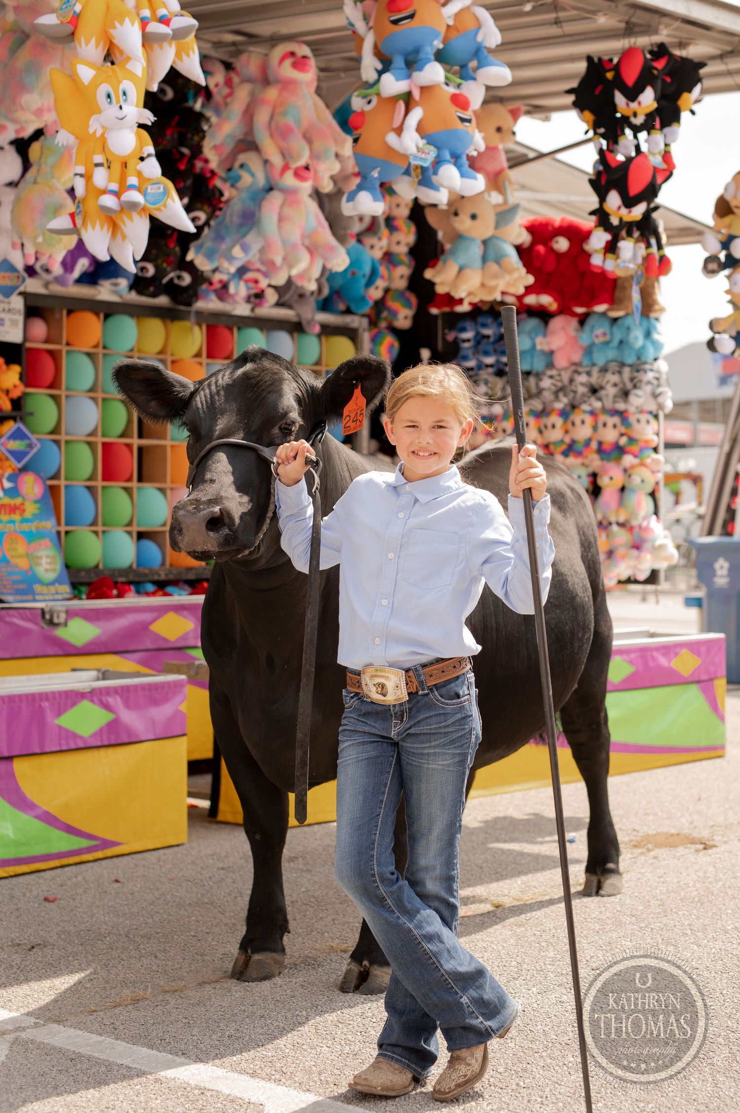 A black show animal stands next to carnival game prizes and stuffed animals at a county fair.