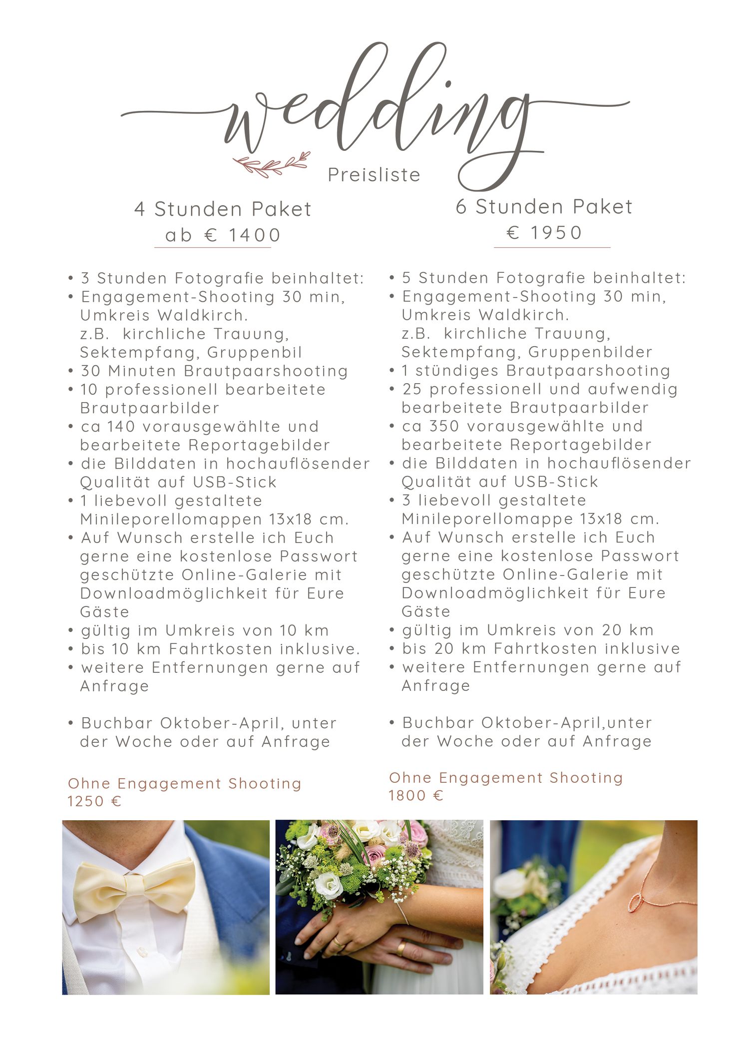 A wedding photography price list in German shows different packages with pricing and a collage of ring photos below.