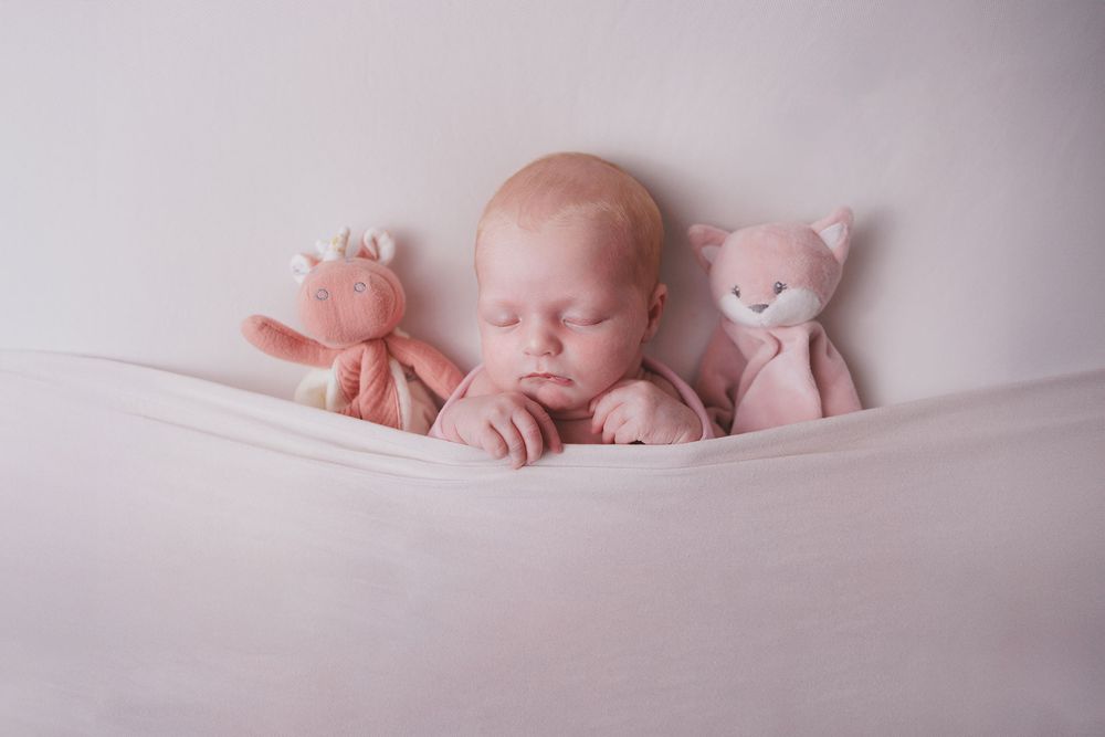 Photographie d'un bébé endormi avec ses doudous réalisée par Amandine Chiriaeff dans un studio à Soissons