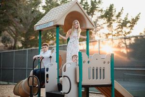Group of athletic shots showcasing workout training on outdoor exercise equipment at sunset in a park setting.