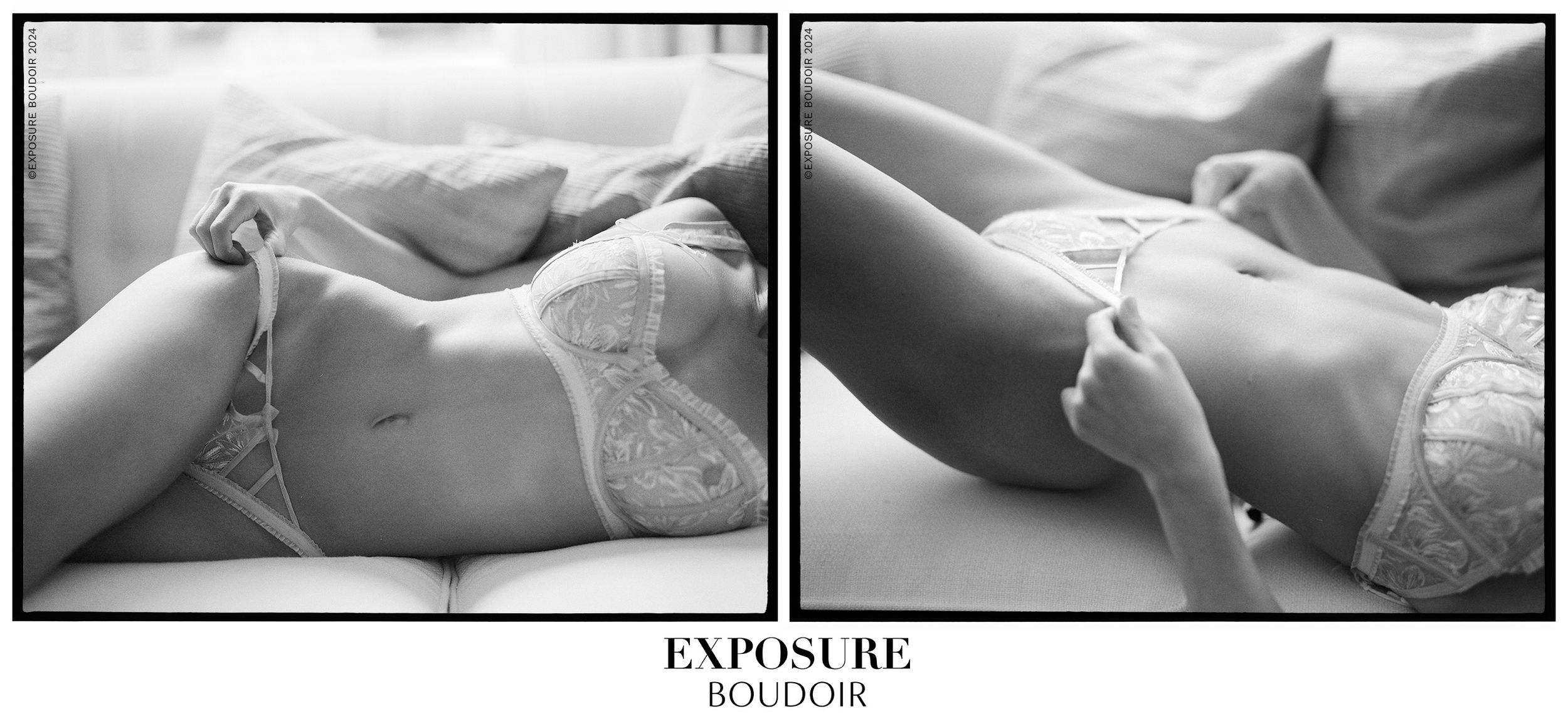 High contrast monochrome intimate photography series with soft flowing fabrics.