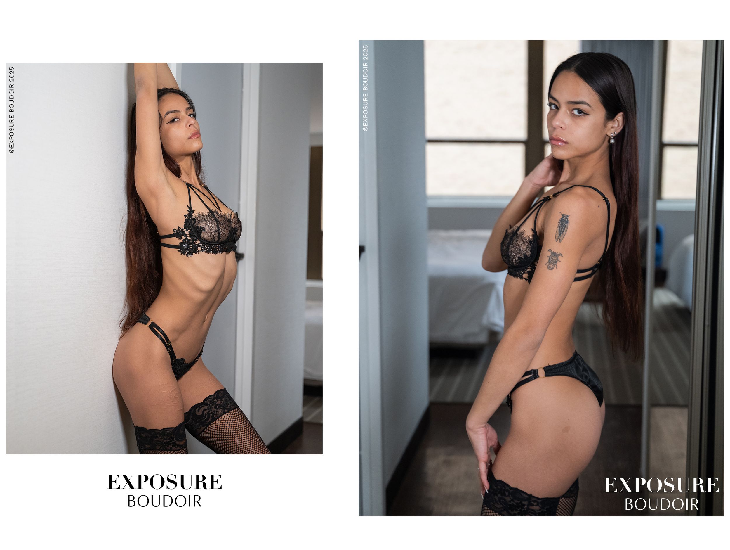 Lina in black lace lingerie and stockings posing against white wall for professional photo shoot.