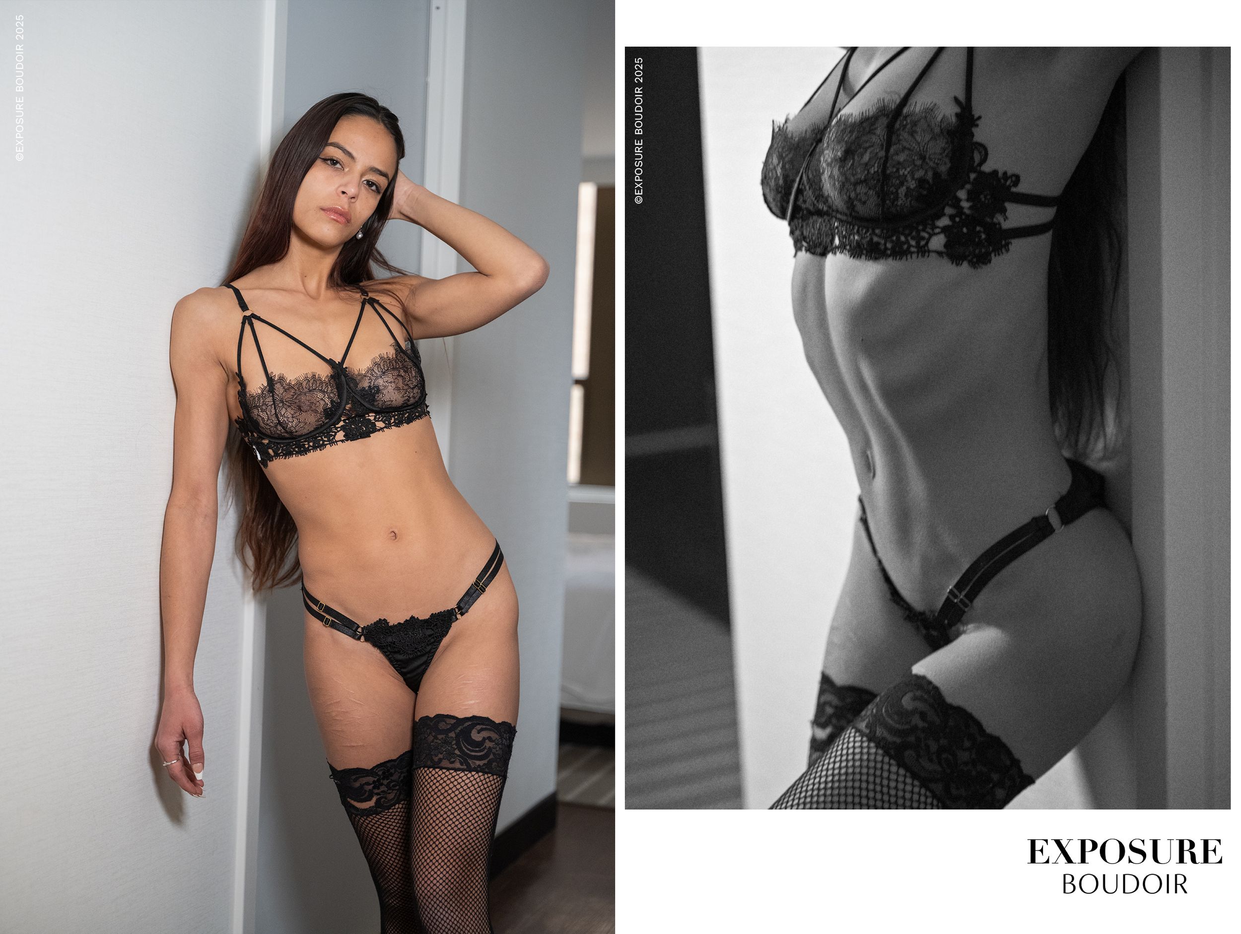 Lina wearing black lace lingerie set with stockings in artistic black and white studio photography.