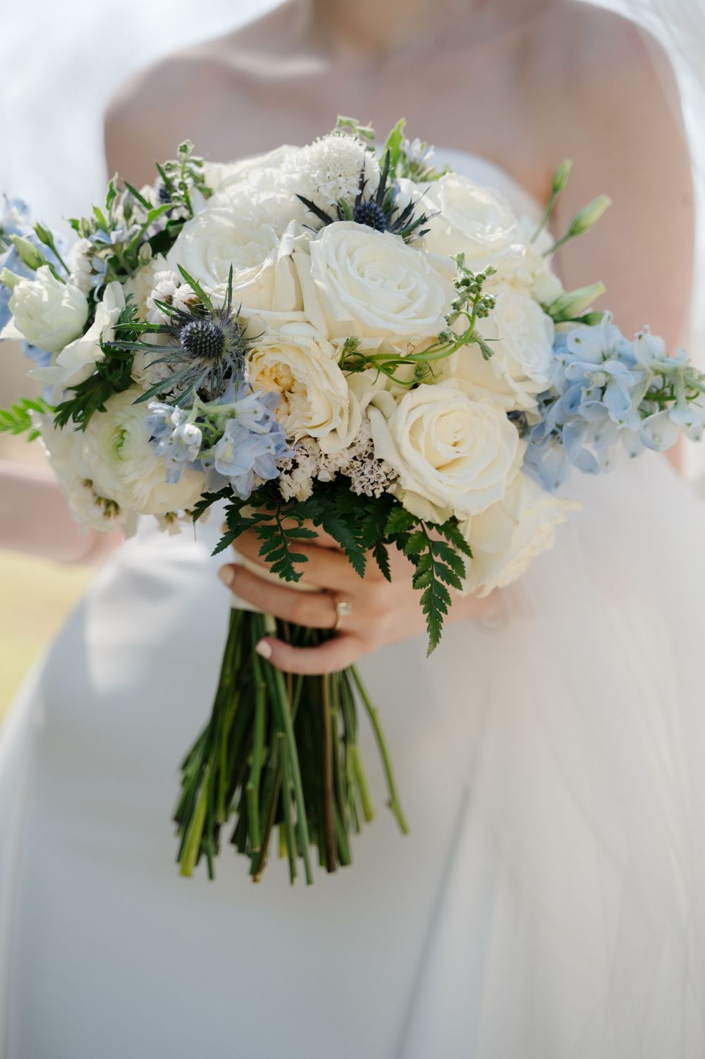 bouquet of blue and white bridal flowers