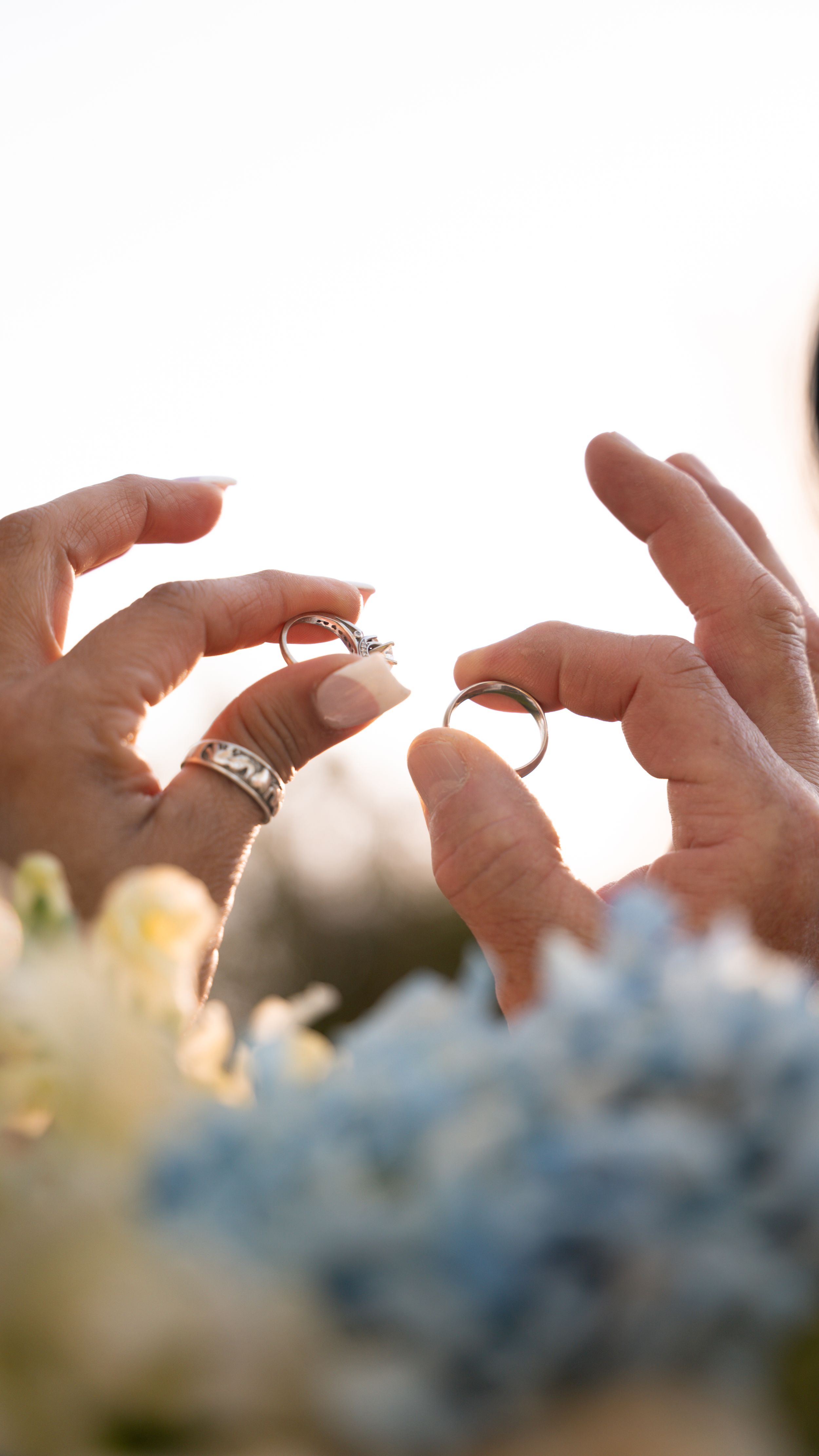 Close-up of hands holding wedding rings against blurred blue flowers and sunlit background.