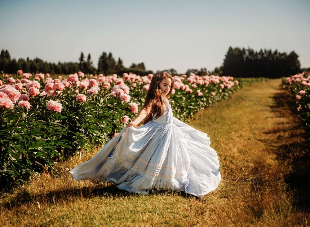 Woman in flowing ball gown twirling in a field of pink peonies at sunset.