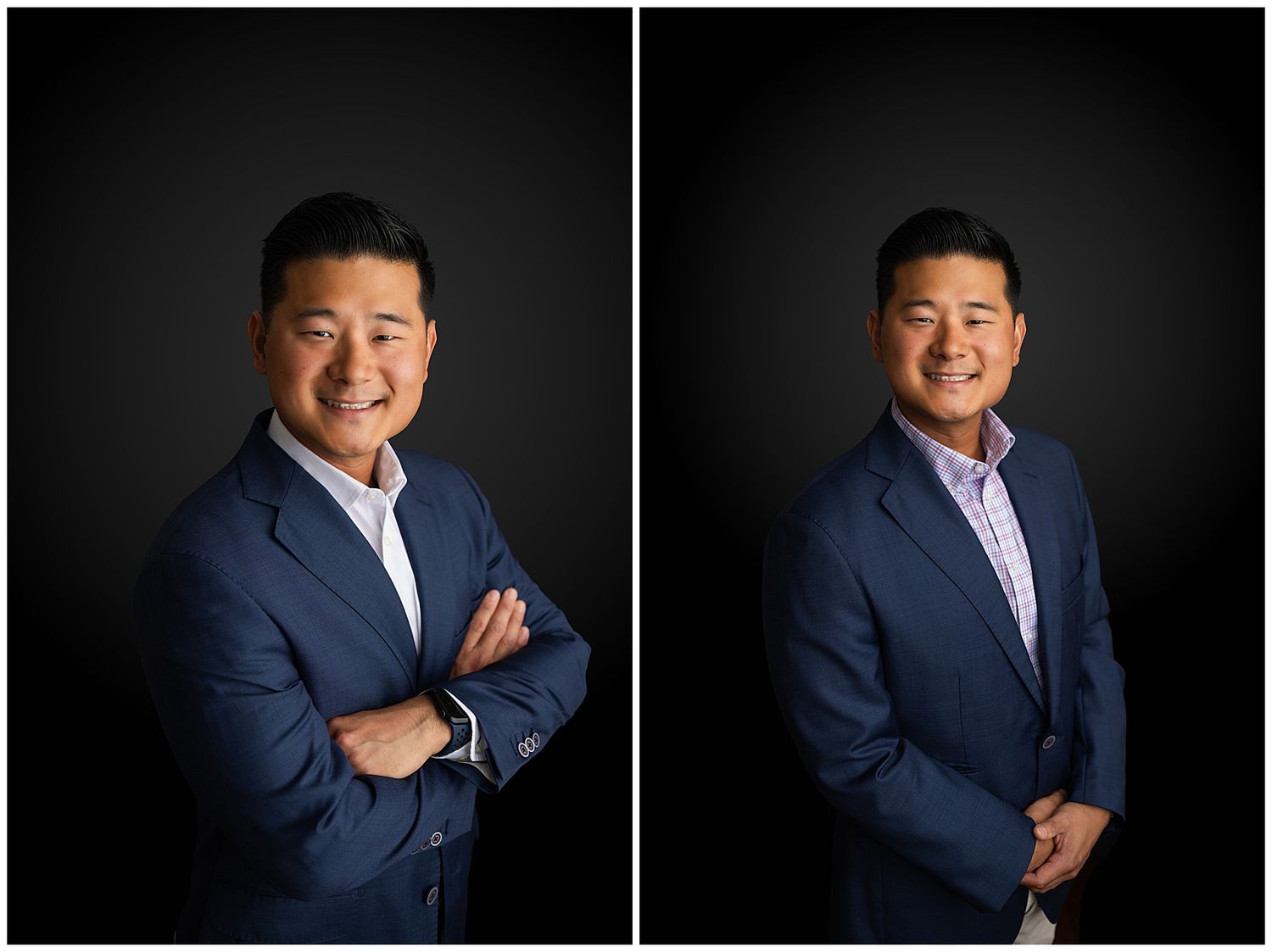 Professional headshots of a person in navy suit against dark studio background.