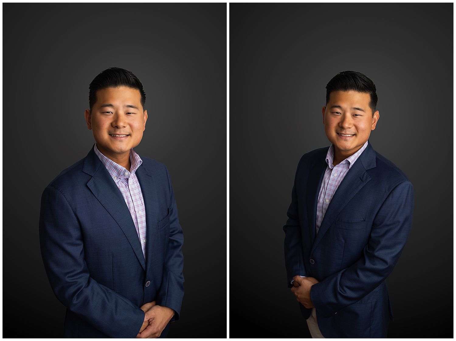 Professional portrait series showing a person in business attire against dark backdrop.