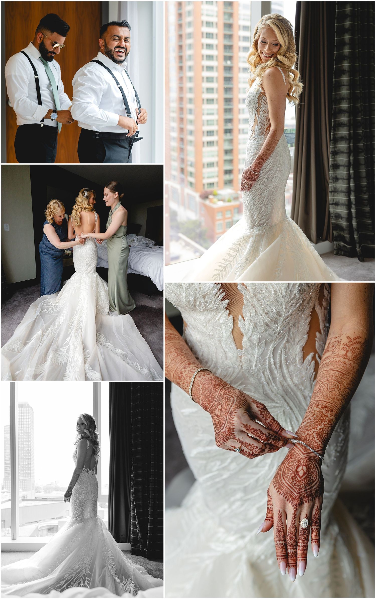 Wedding dress details showing intricate lace patterns and mehndi adorned hands during preparation.