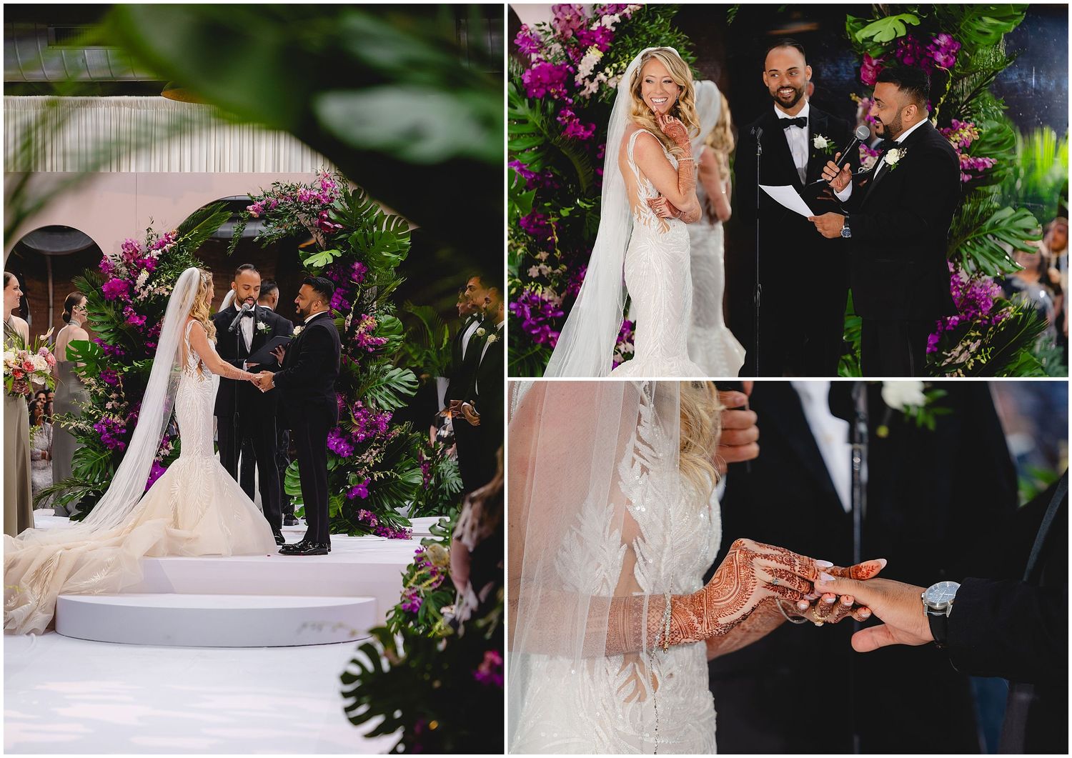 Intimate wedding ceremony under purple floral arch with ring exchange moment.