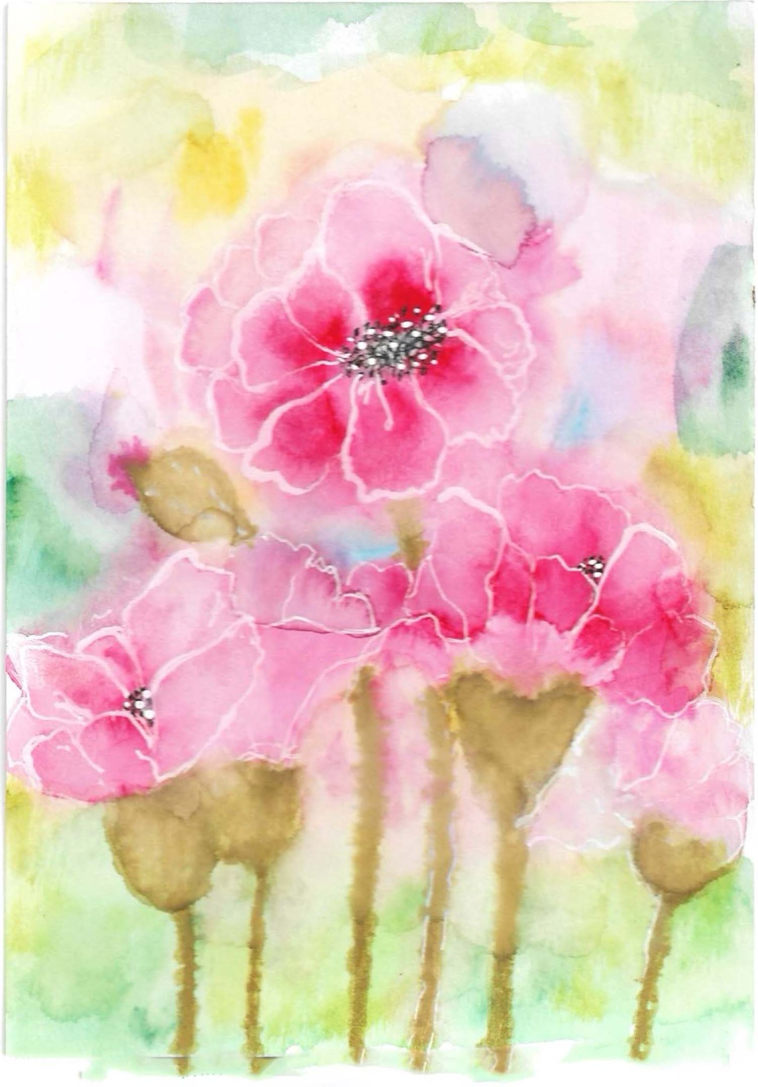 Soft watercolor painting progression of pink flowers in a dreamy garden setting.