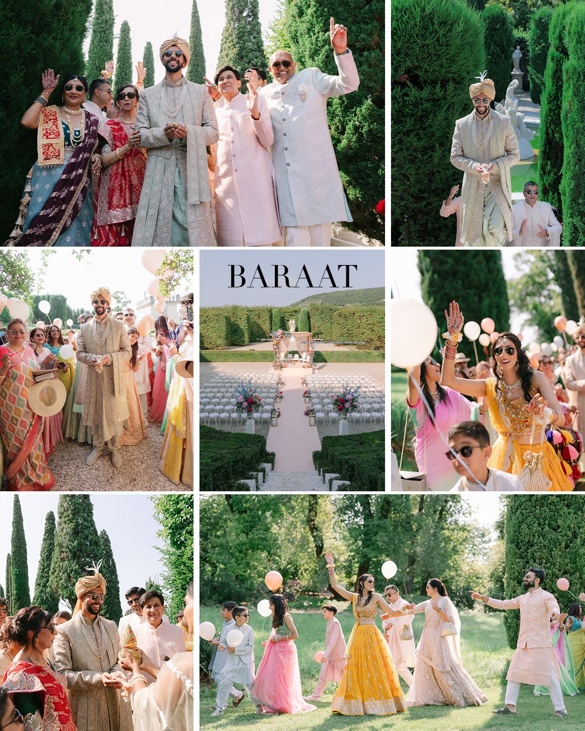Garden wedding celebration with guests in pastel and neutral colored attire.