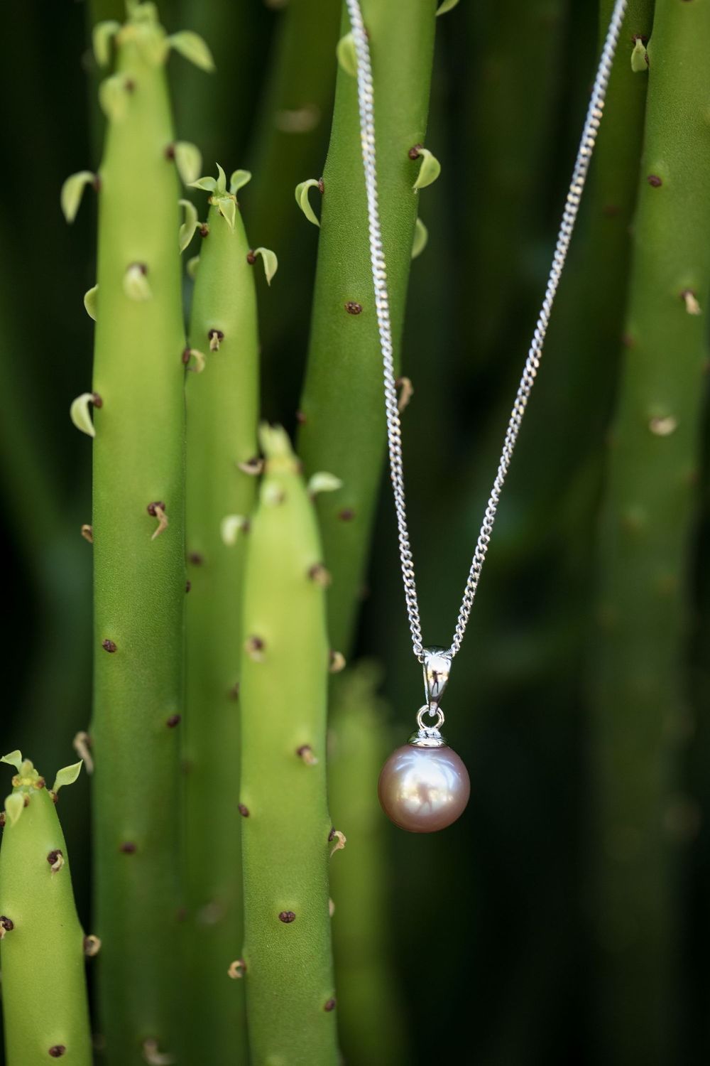 A delicate pearl pendant necklace on silver chain hanging against green bamboo stalks in soft focus.