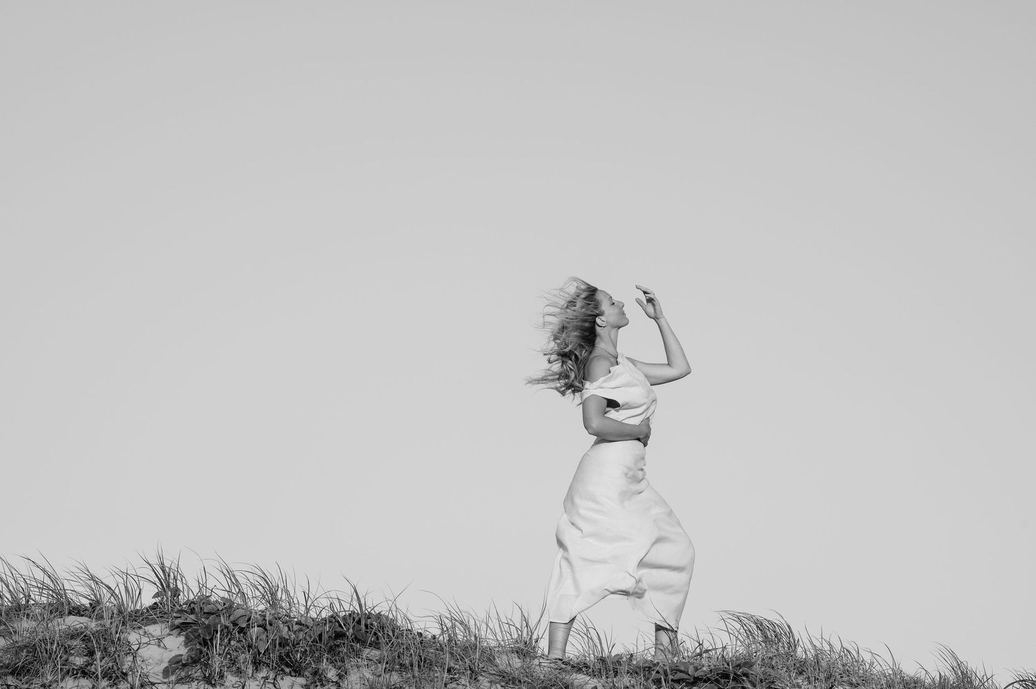 Silhouettes of people standing on a hilltop against a light gray sky.