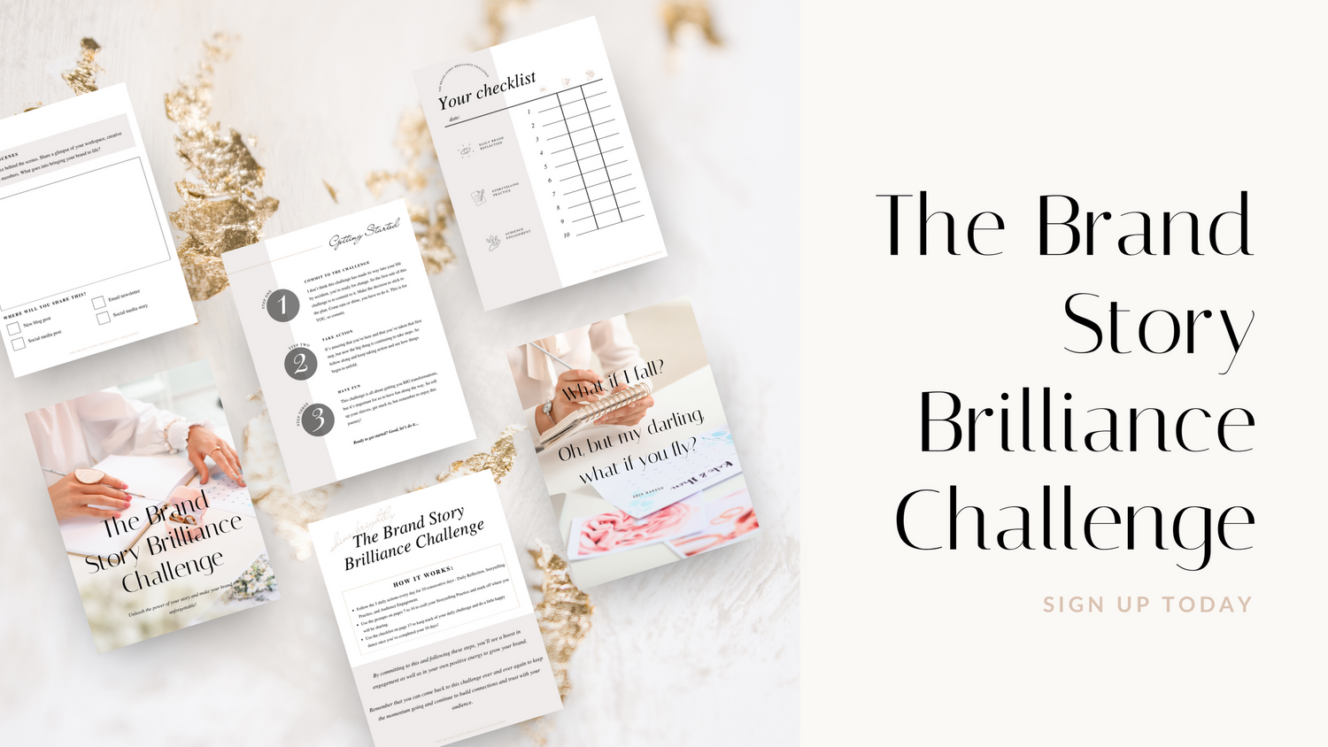 Stylish brand story challenge workbook pages and materials laid out on white background.