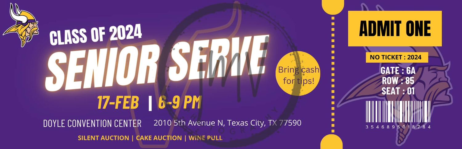 Purple and gold graduation themed banner design with ticket stub and event details.