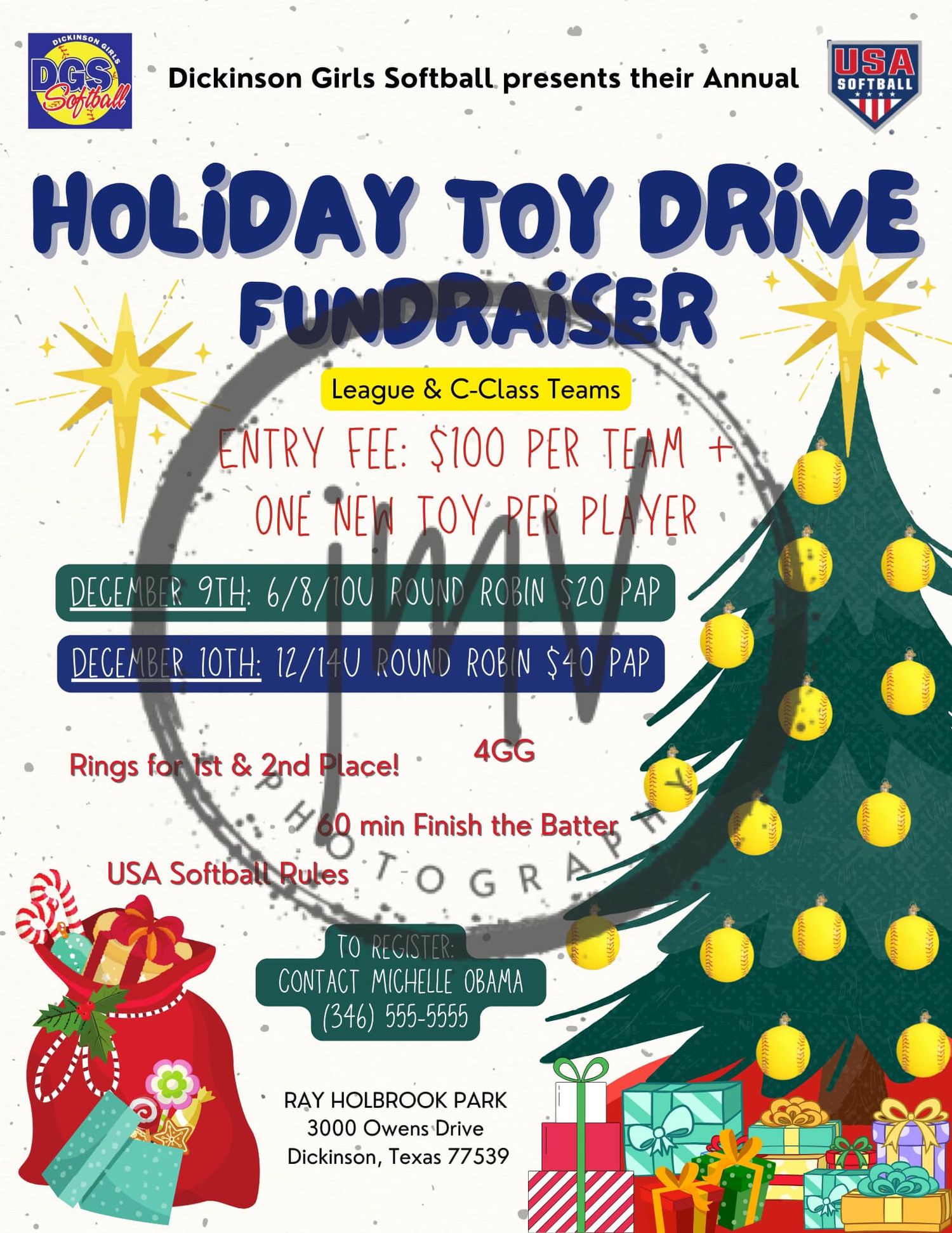 Holiday toy drive fundraiser flyer with Christmas trees and gift graphics.