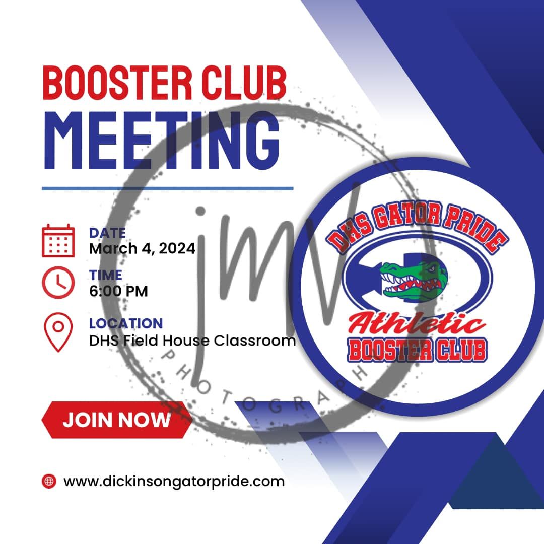 Booster club meeting announcement banner in blue and white with organization logos.