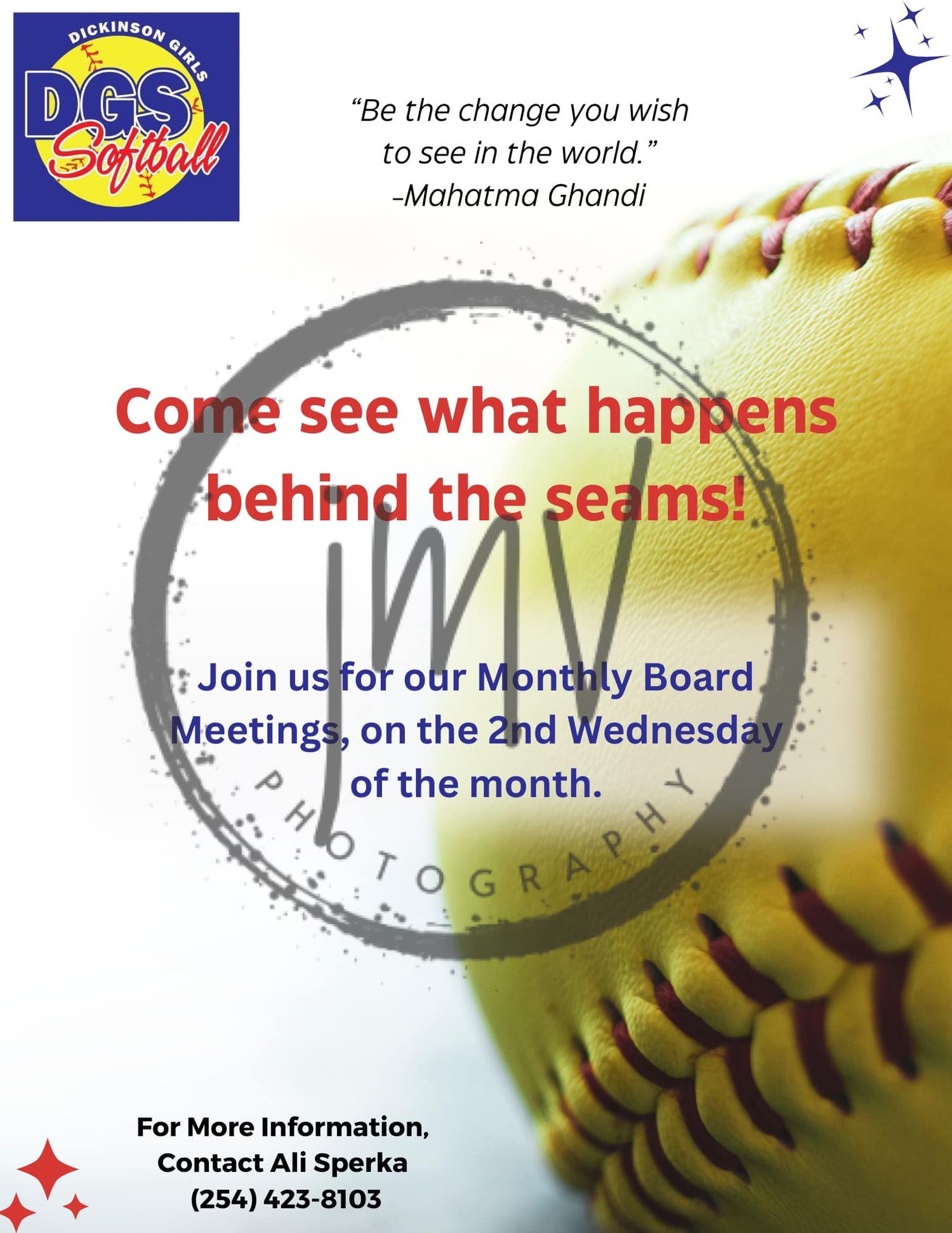 Softball organization monthly board meeting announcement with inspirational quote.