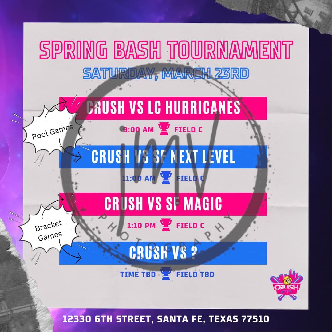 Spring Bash Tournament schedule with game matchups on purple and blue background.