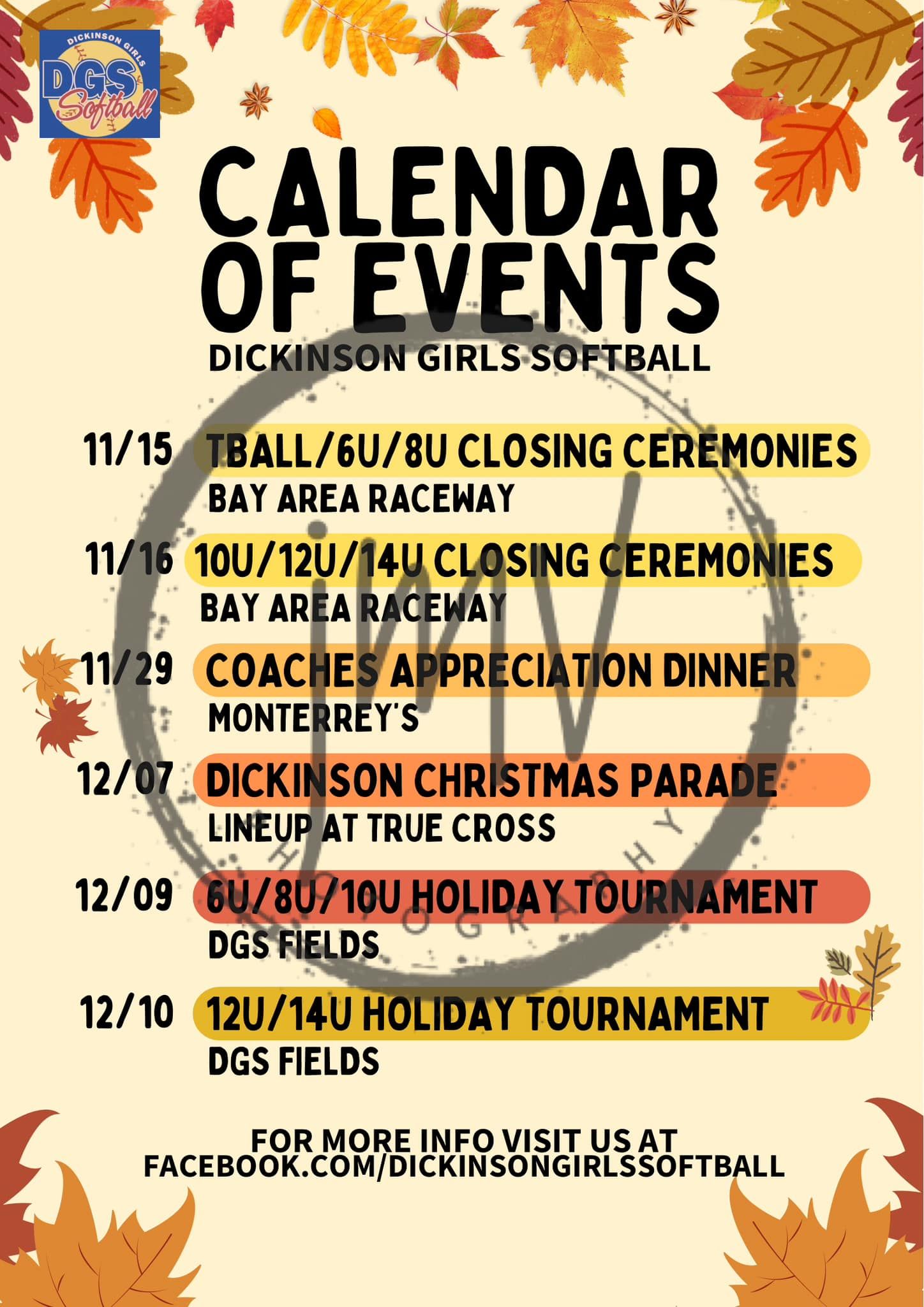 Calendar of events listing for Dickinson Girls Softball with fall-themed background.