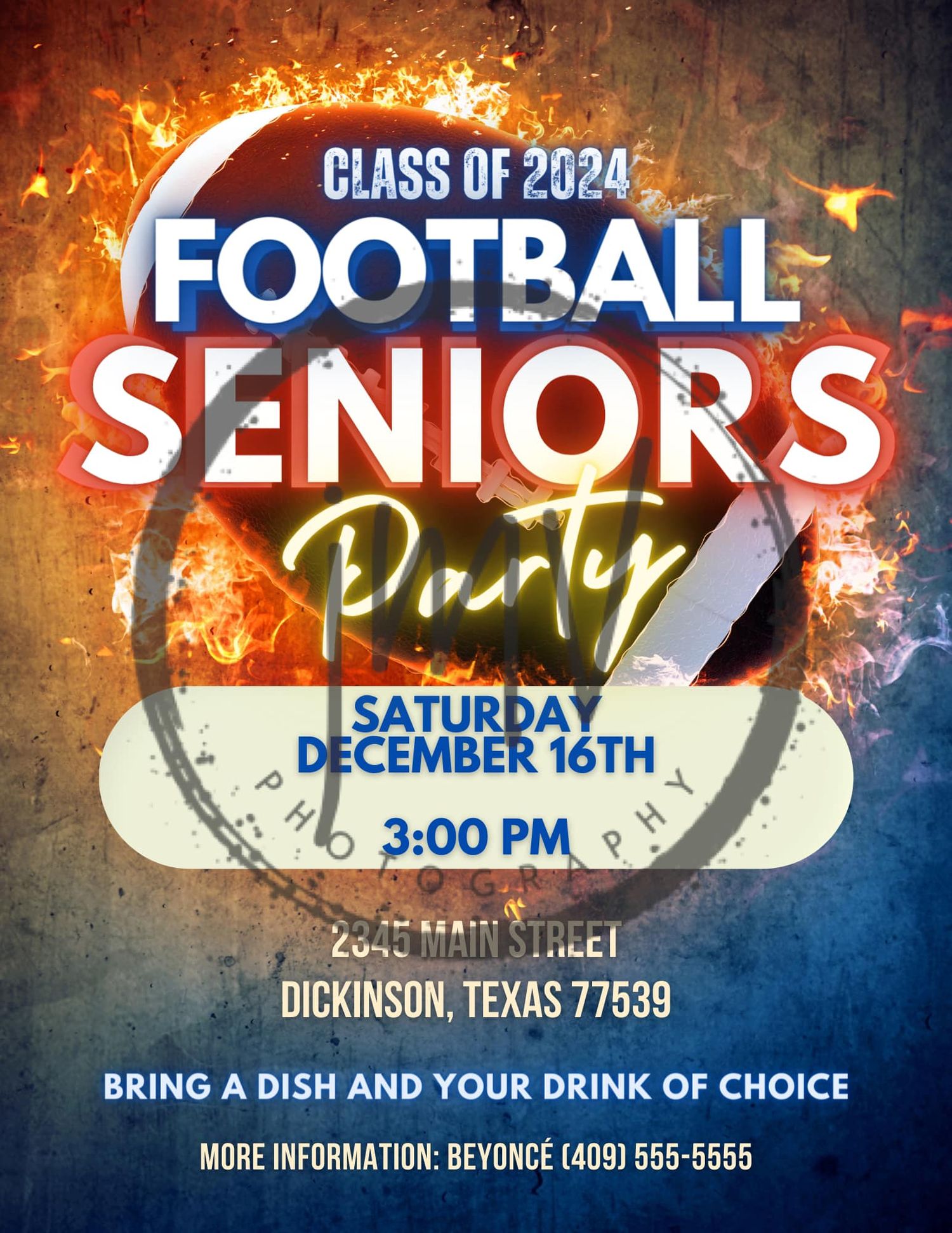 Orange and blue themed football seniors event poster with flame effects and event details.