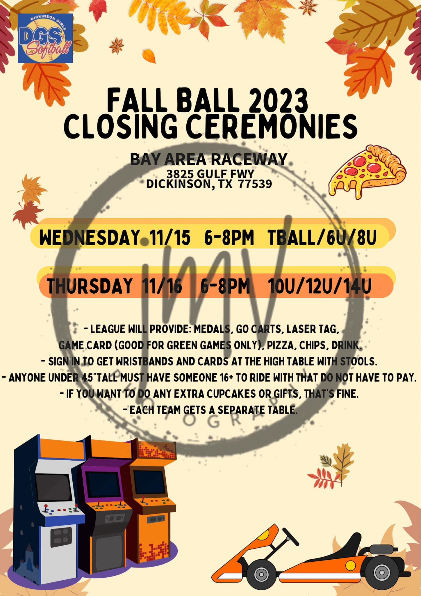 Fall Ball 2023 closing ceremonies announcement with autumn leaves and arcade game graphics.