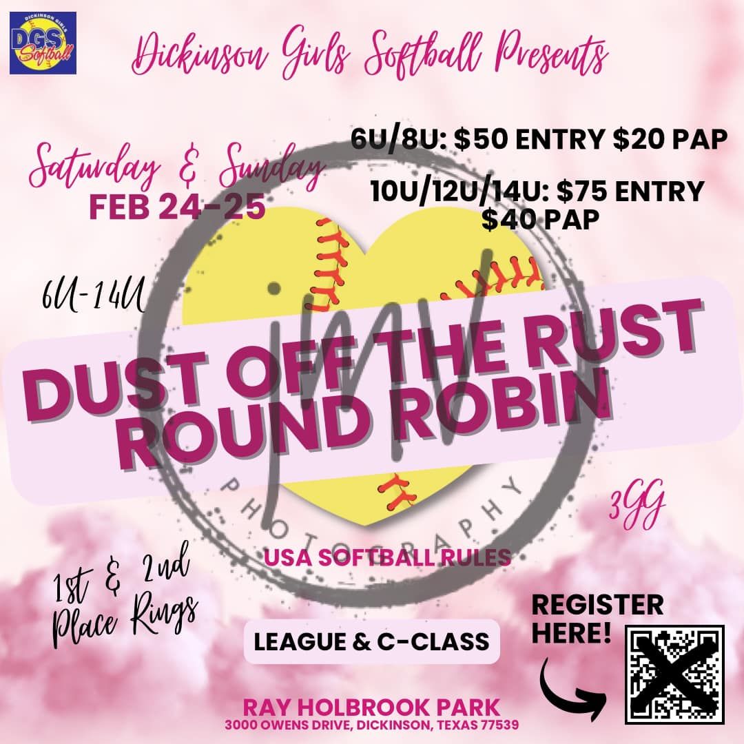 Pink softball tournament flyer for Dust Off The Rust event at Ray Holbrook Park.