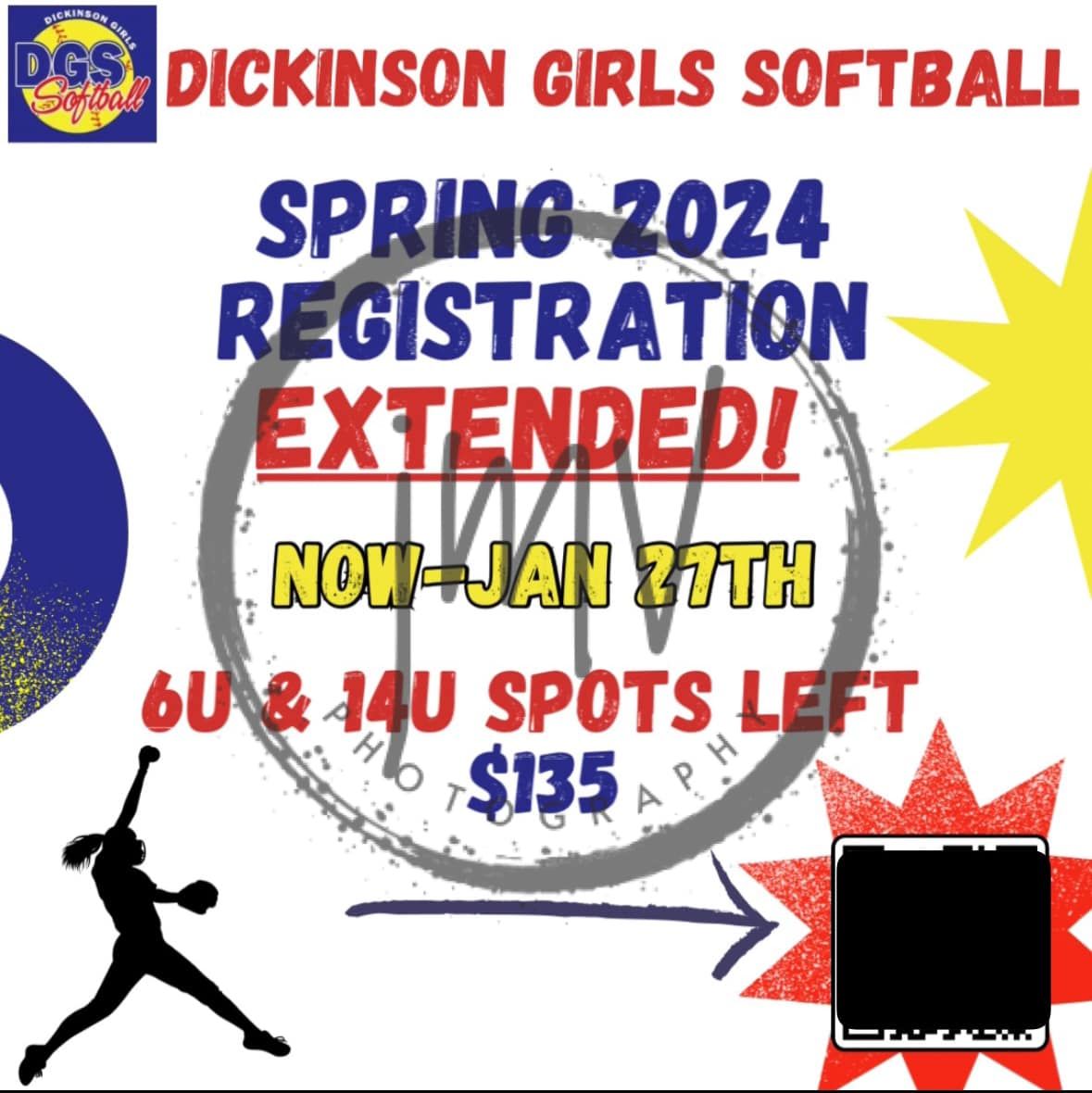 Dickinson Girls Softball registration banner with extended deadline and player silhouettes.