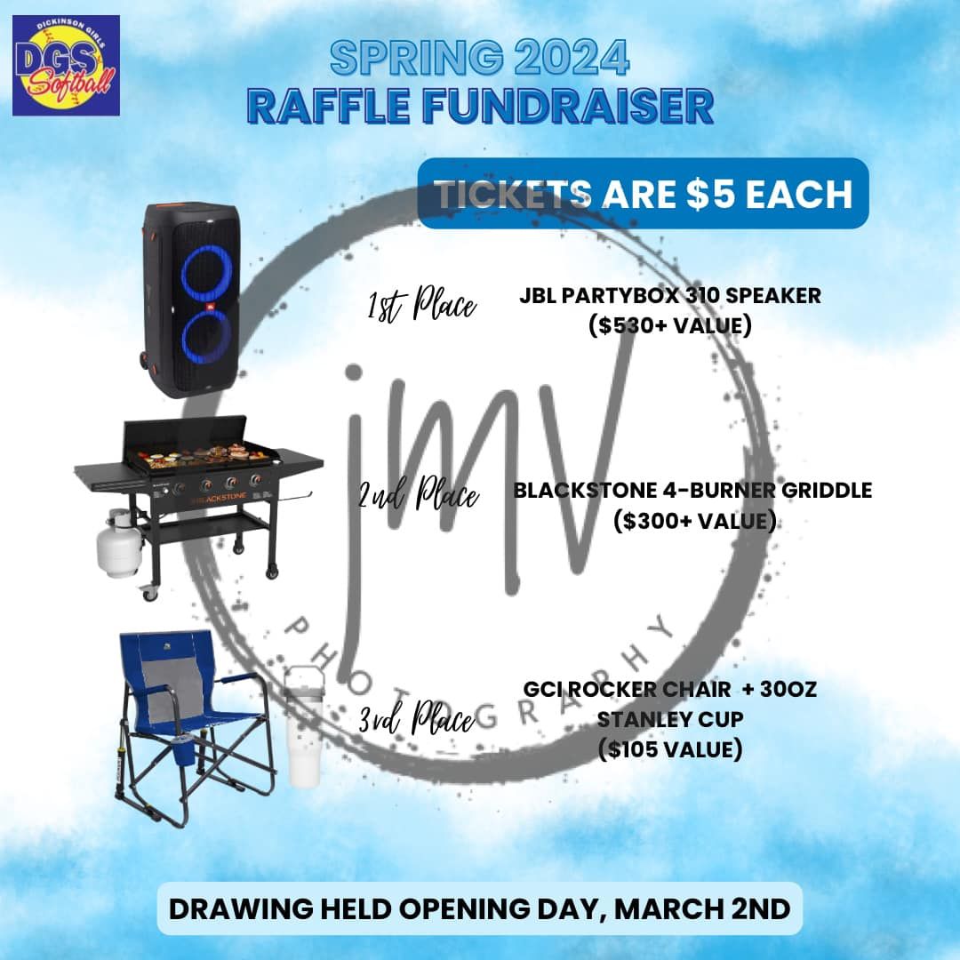 Promotional image showing outdoor camping and sports equipment for a spring 2024 raffle fundraiser.