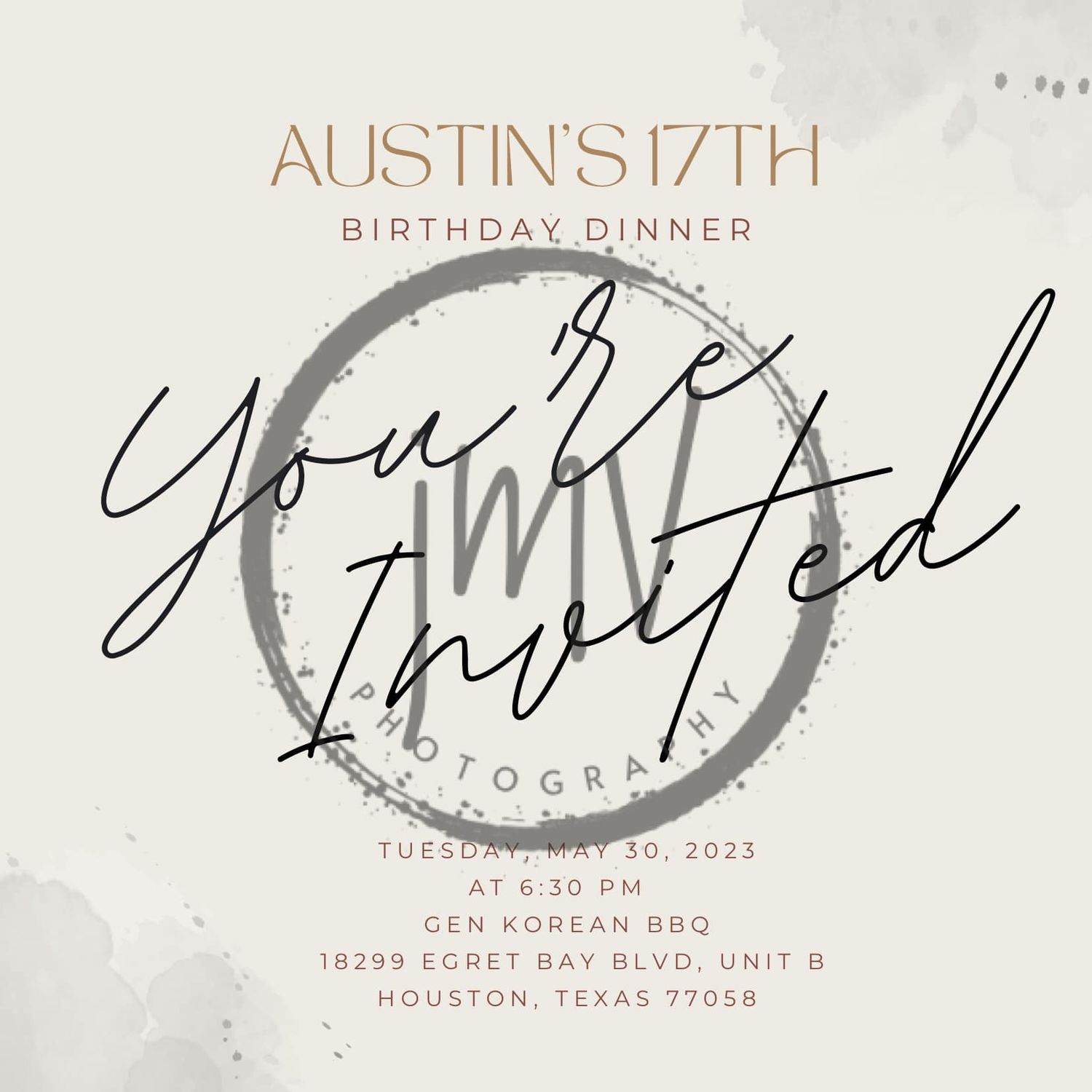 Elegant birthday dinner invitation with calligraphy text and address details in rose gold.
