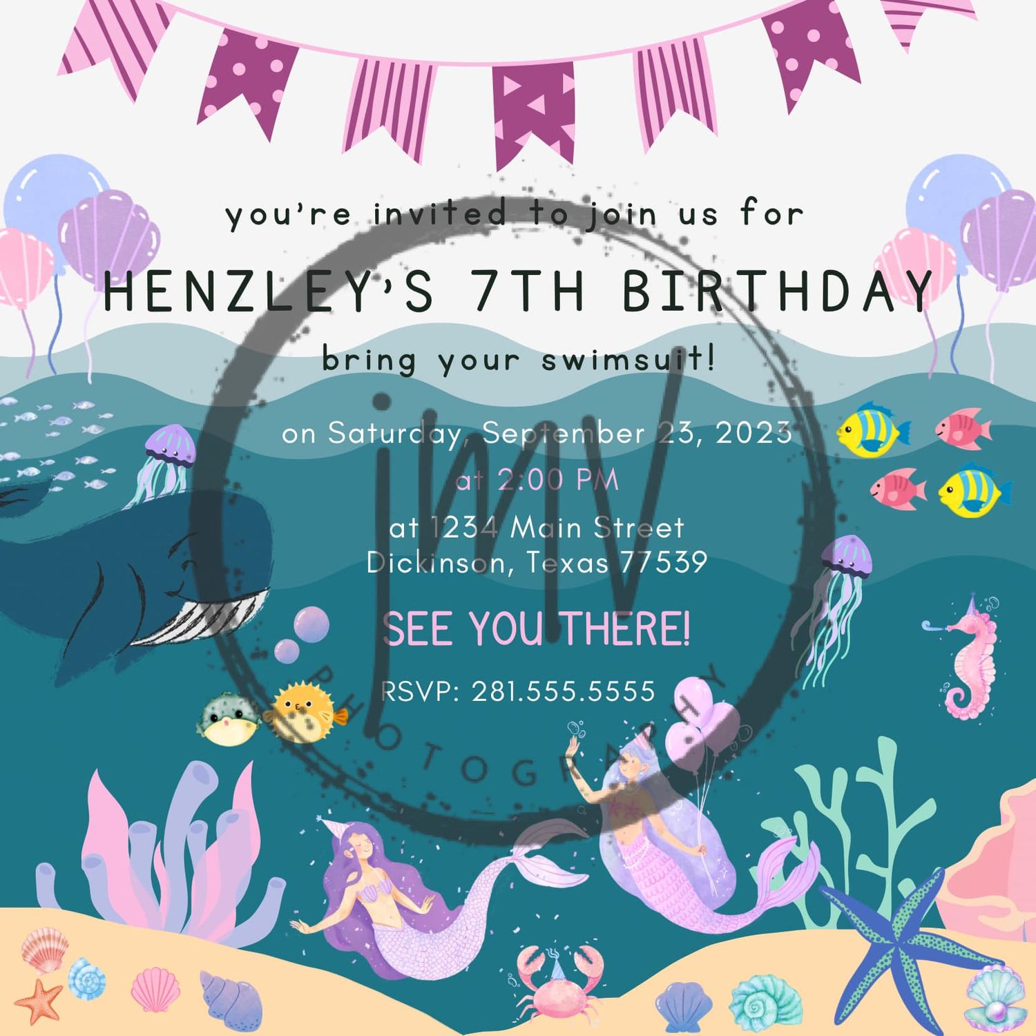 Underwater themed birthday party invitation with colorful sea creatures and decorative banners.
