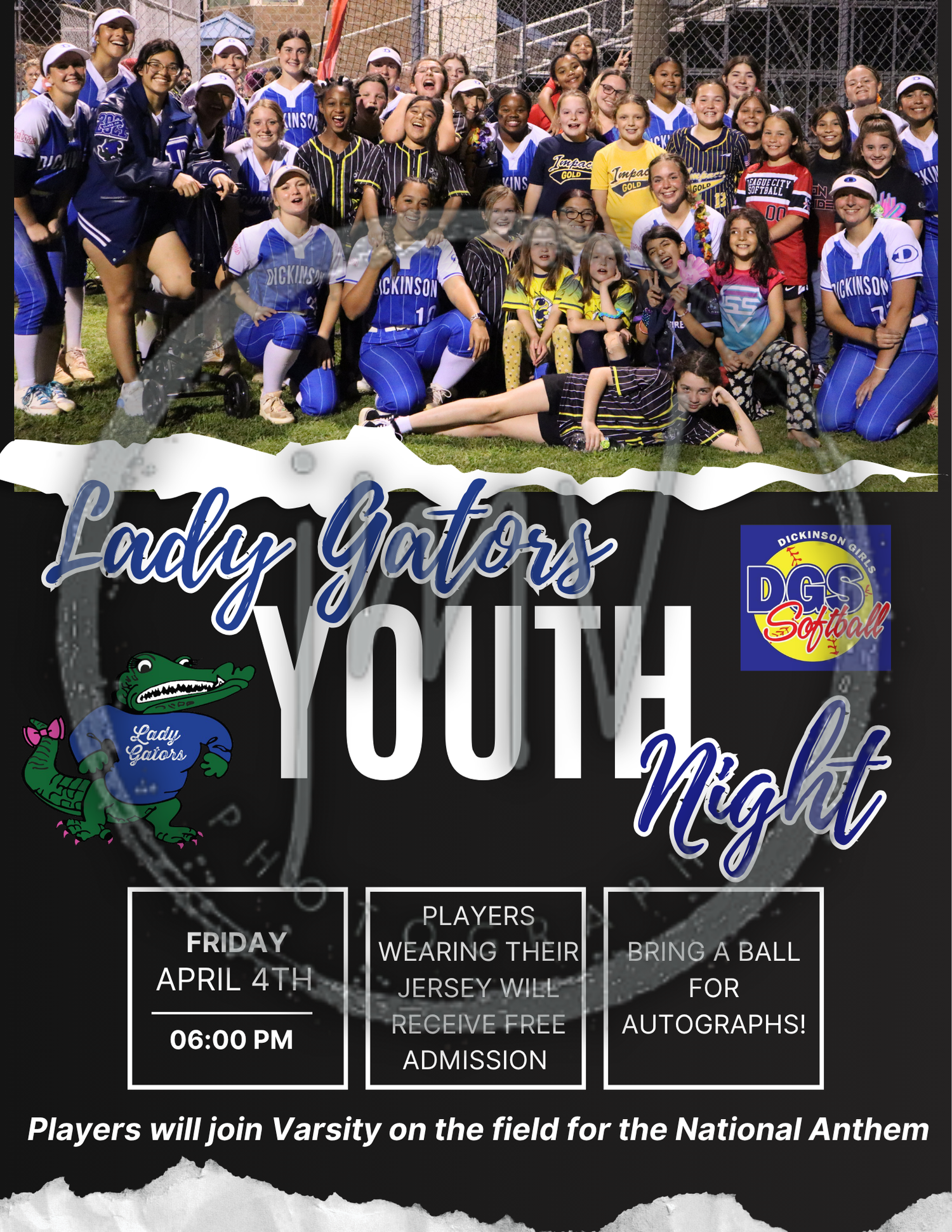 Lady Gators Youth Night softball event flyer for Friday April 4th at 6PM with free admission for players in jerseys.