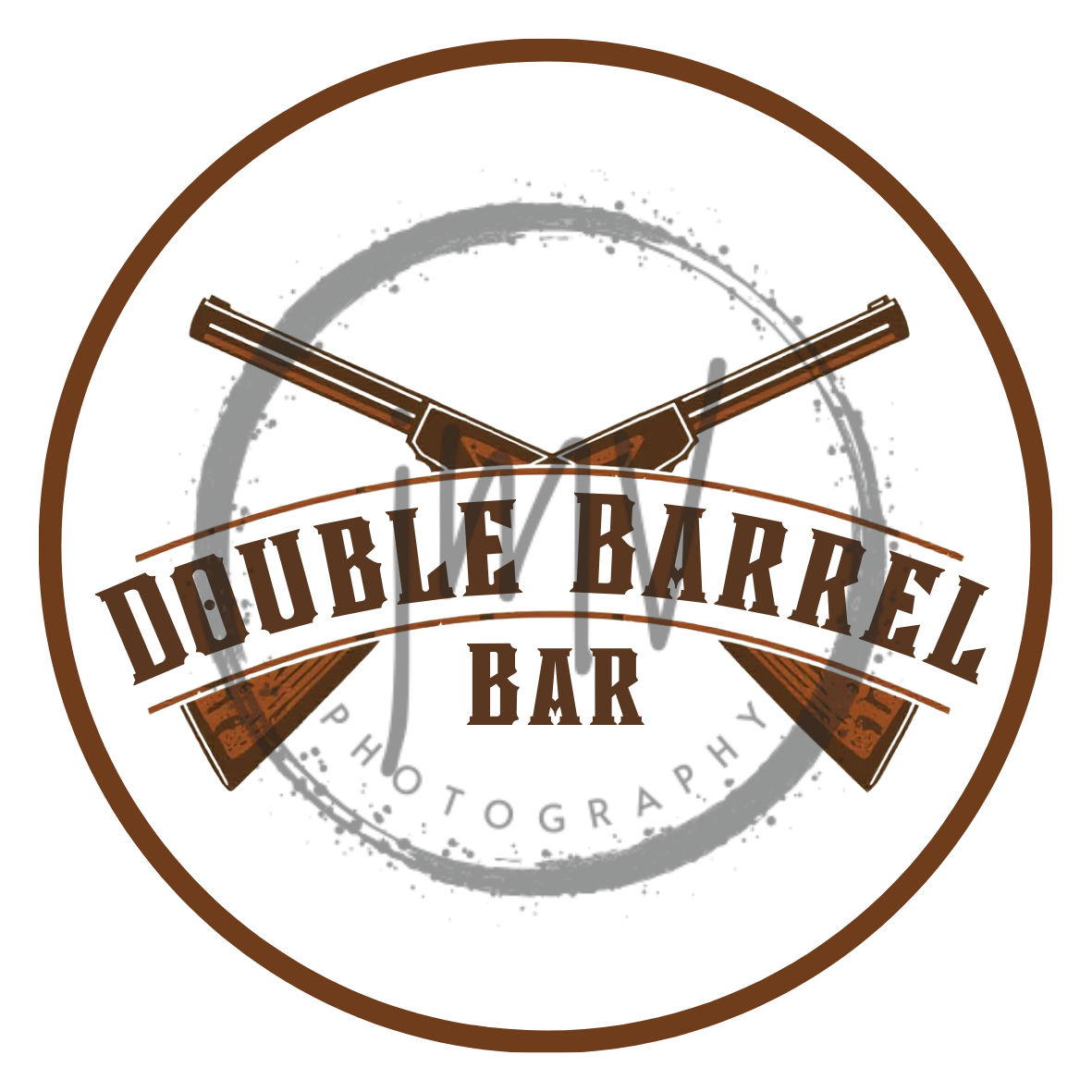 Circular logo for Double Barrel Bar featuring two crossed rifles and distressed typography in brown and gray tones.