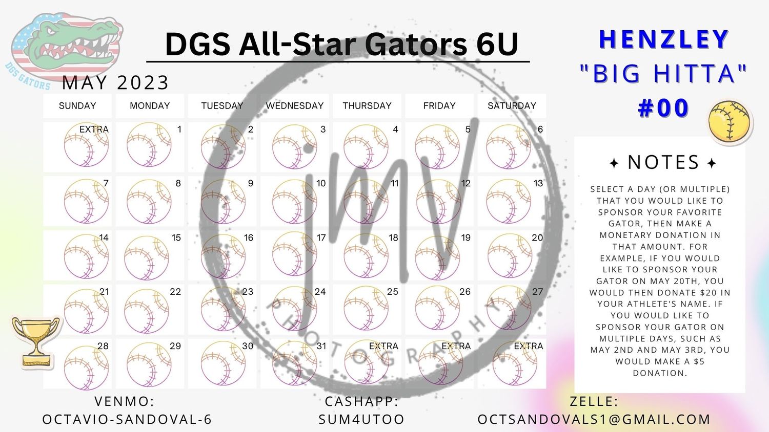 DGS All-Star Gators 6U May 2023 baseball schedule calendar featuring player Henzley Big Hitta #00 team flyer.