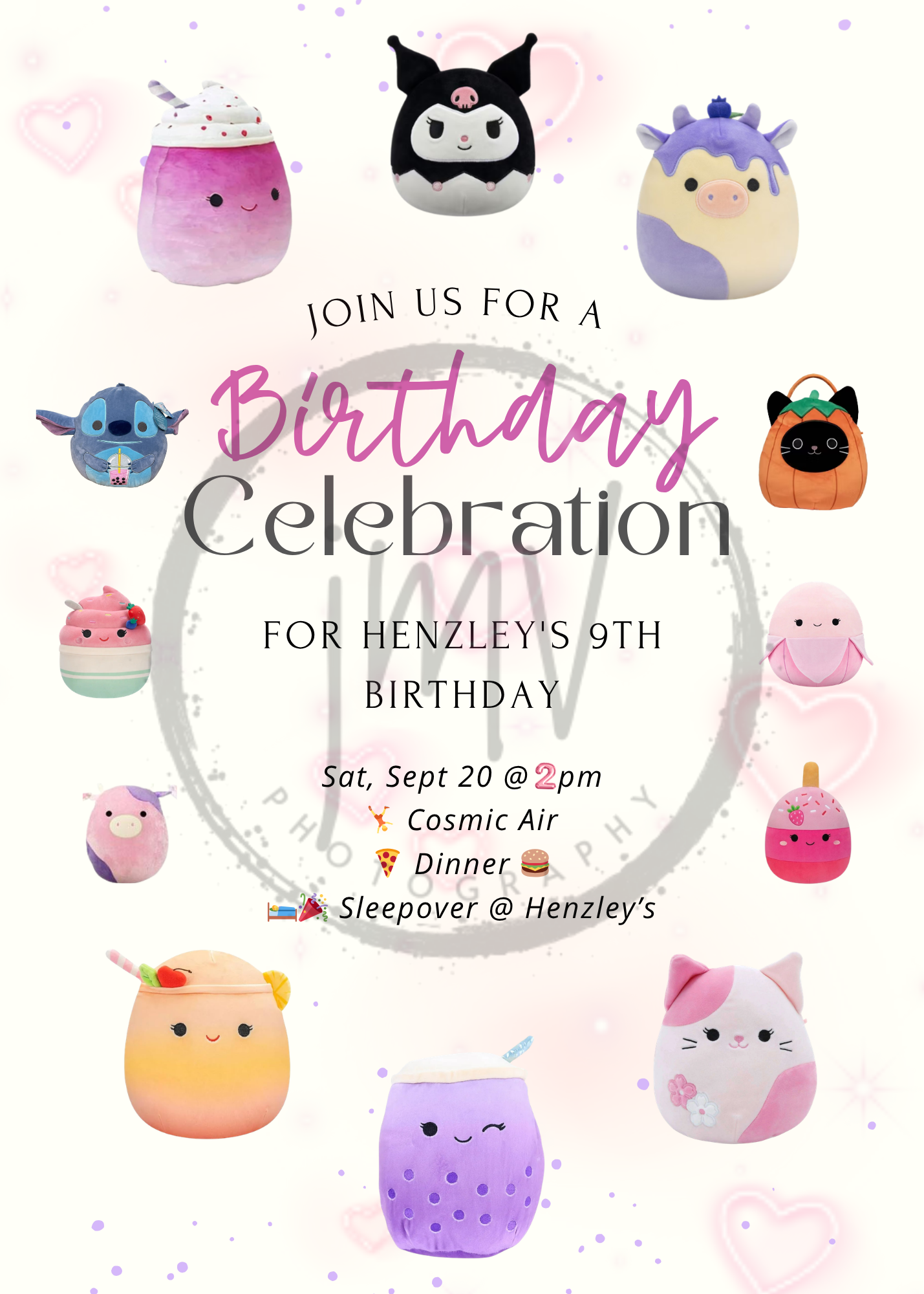 Squishmallows-themed birthday party invitation for Henzley's 9th birthday on September 20th, featuring Cosmic Air, dinner, and sleepover.