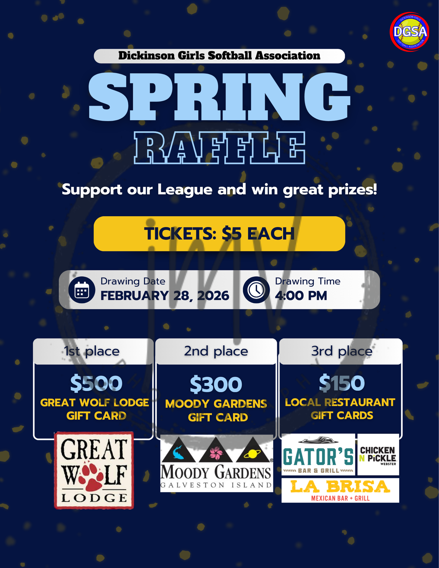 Dickinson Girls Softball Association Spring Raffle flyer with prizes including Great Wolf Lodge and Moody Gardens gift cards.