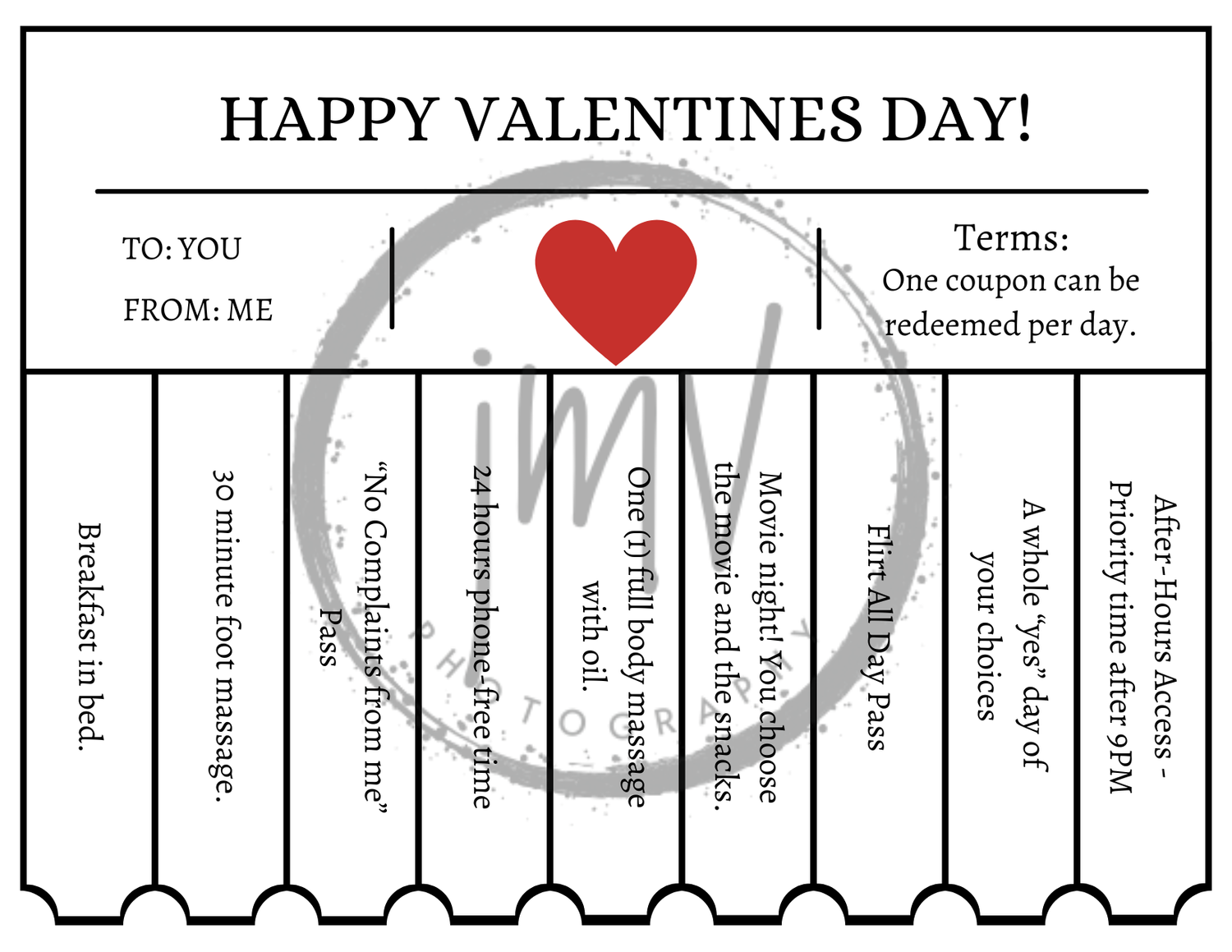 Valentine's Day coupon book with romantic gifts including breakfast in bed, massage, and all-day pass coupons.