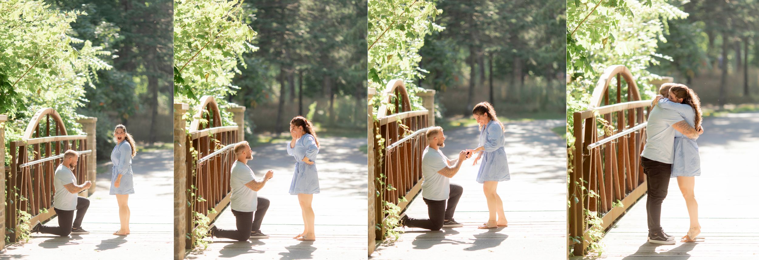 A sequence of proposal photos on a rustic wooden bridge surrounded by trees.