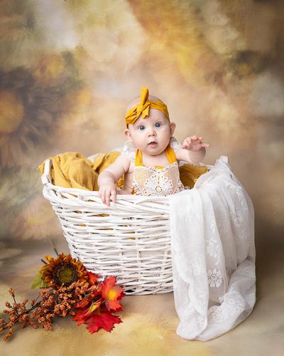 baby på 6 måneder sitter i en hvit kurv med gul body med gul bakgrunn. Babyfotografering i studio på Fjerdingby på Romerike