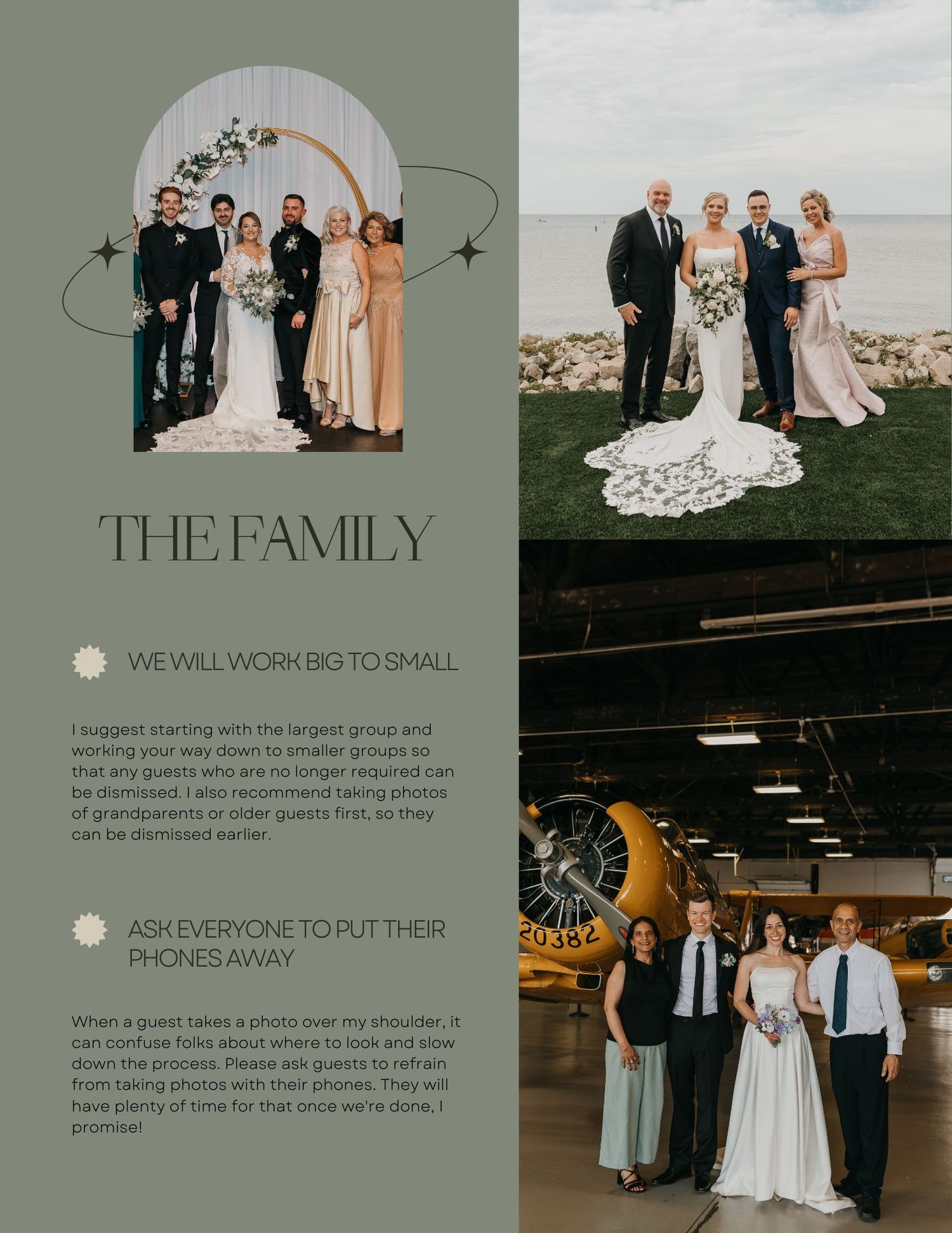 Wedding album layout featuring formal family portraits in church and archway settings.