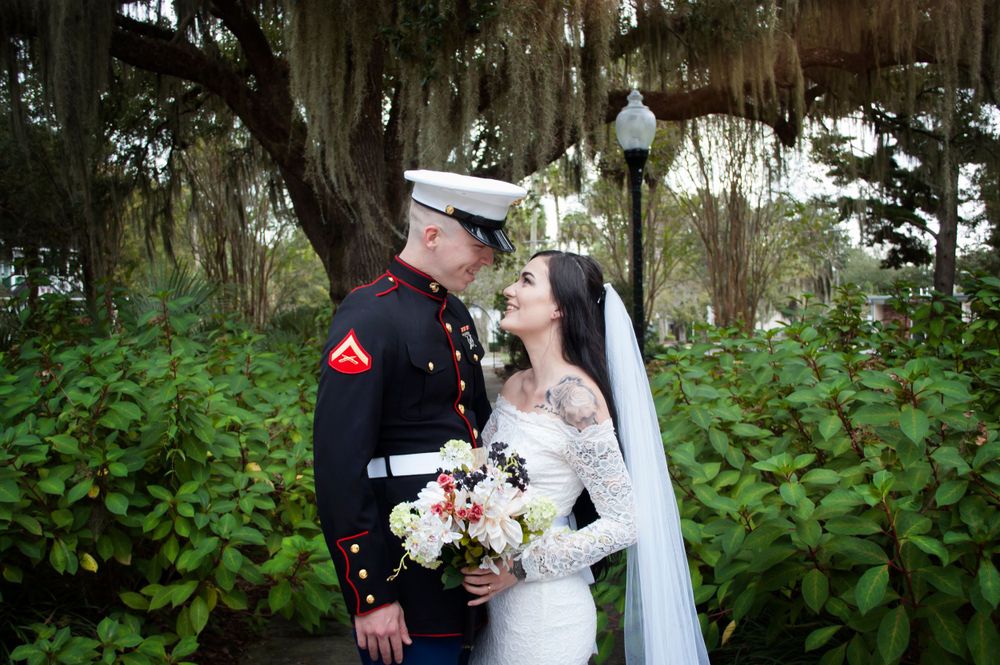 Duo wedding portrait session in Gainesville Florida at the Thomas Center. Golden Hour soft lighting. Military groom