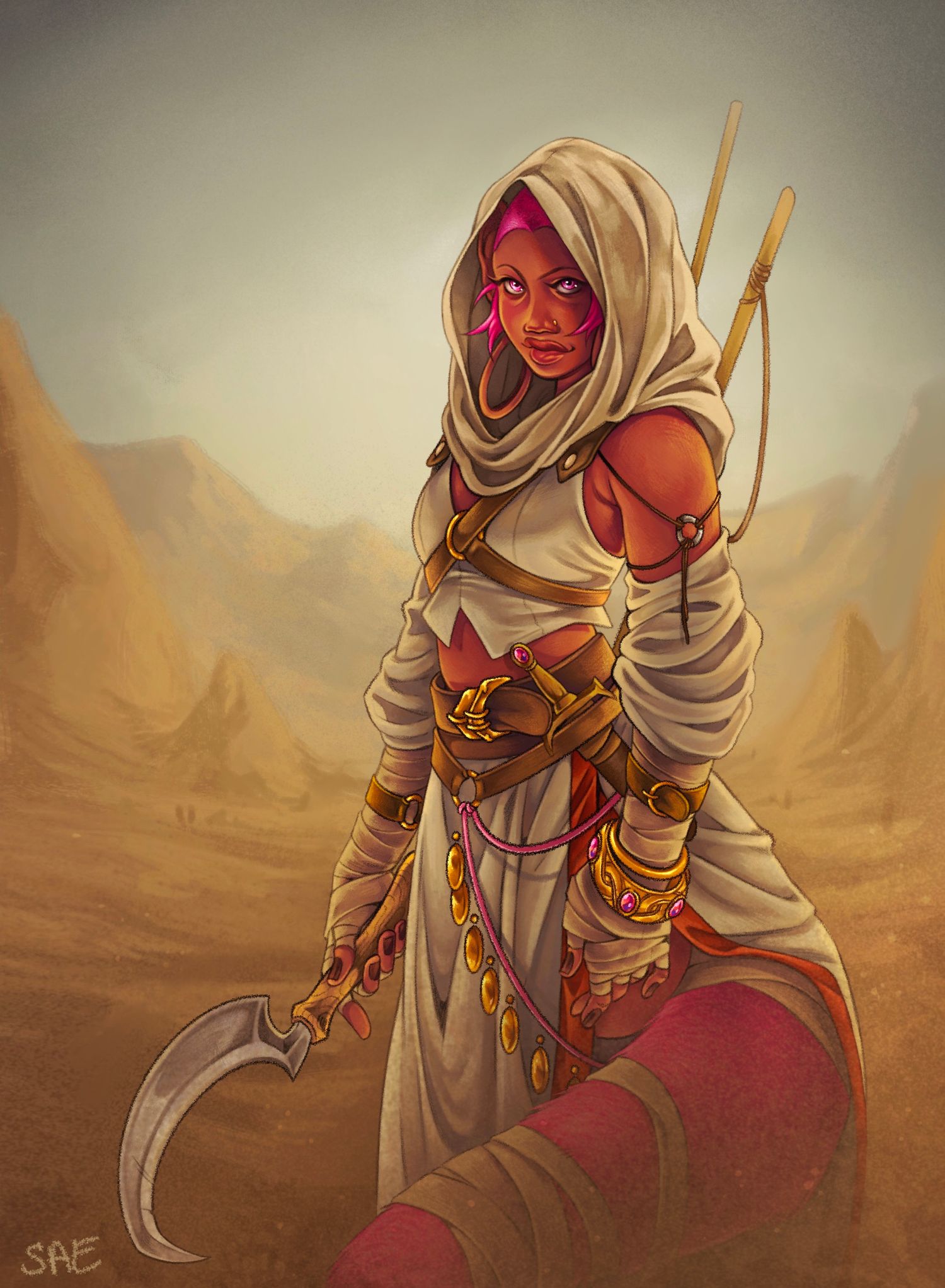 Desert scavenger character with magenta hair, curved blade, and layered robes in a post-apocalyptic landscape.