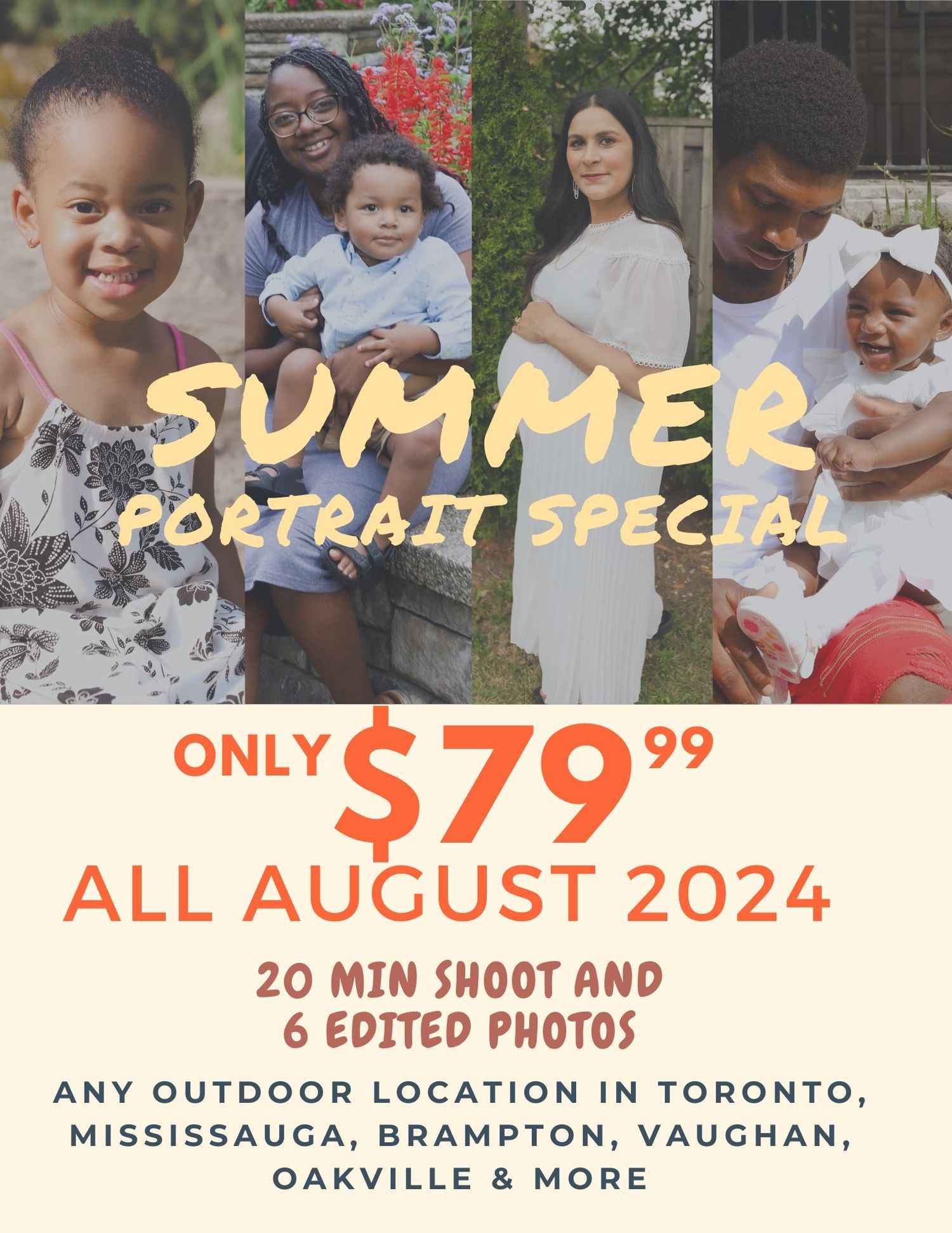 Summer portrait photography promotion advertisement for outdoor photo sessions in Toronto area.