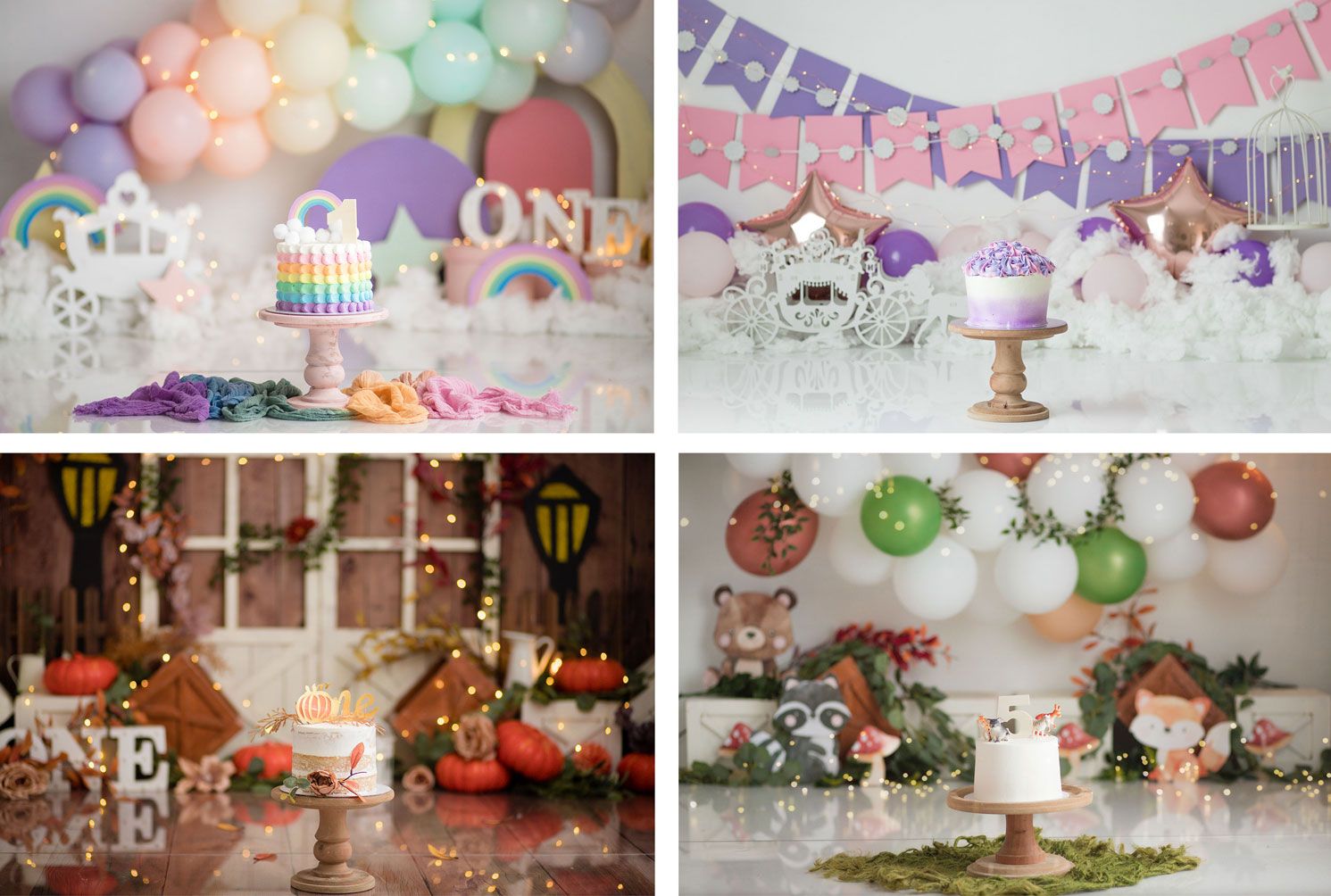 Collection of party decorations showing balloon arches and cake displays for different festive occasions.