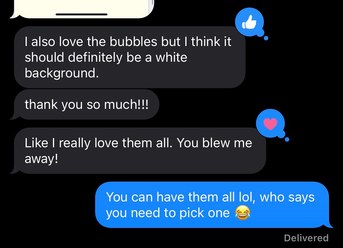 Text message conversation about bubbles design with blue chat bubbles on black background.